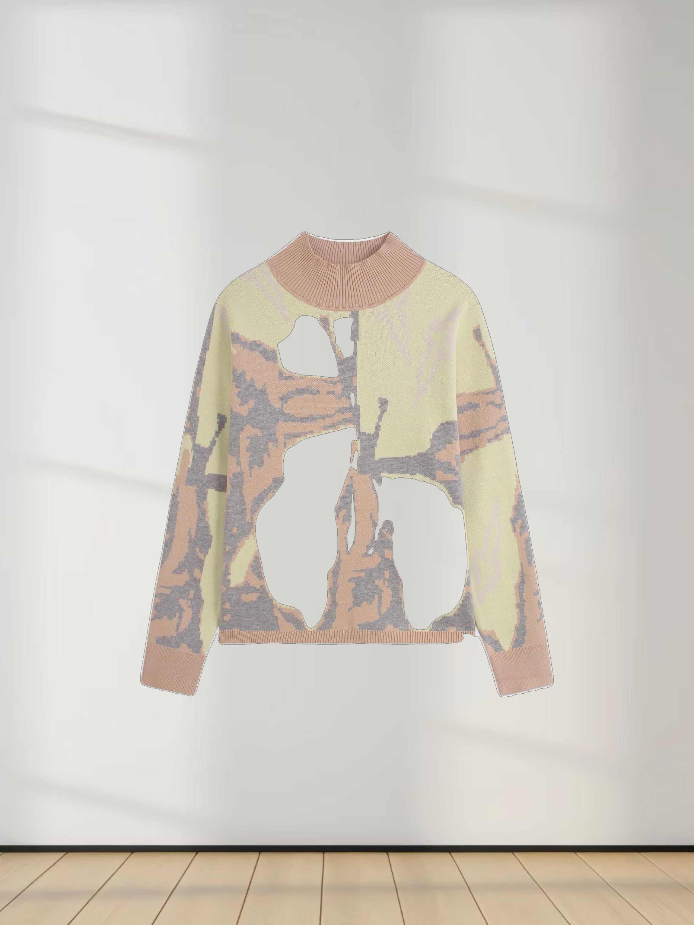 Printed Mock Neck Sweater-Grey/Peach/Yellow