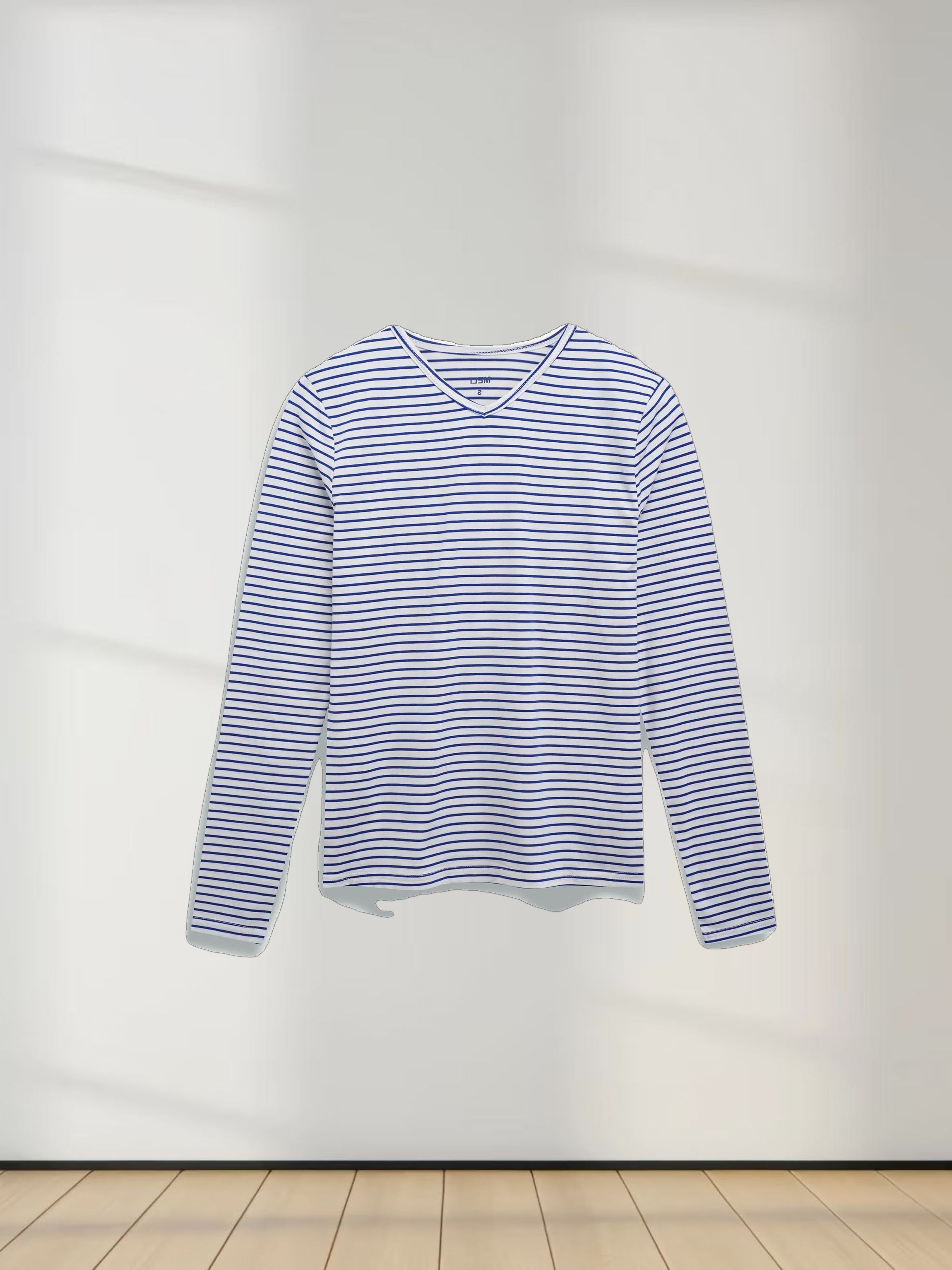 Flat Striped High V Long Sleeve-White/Navy