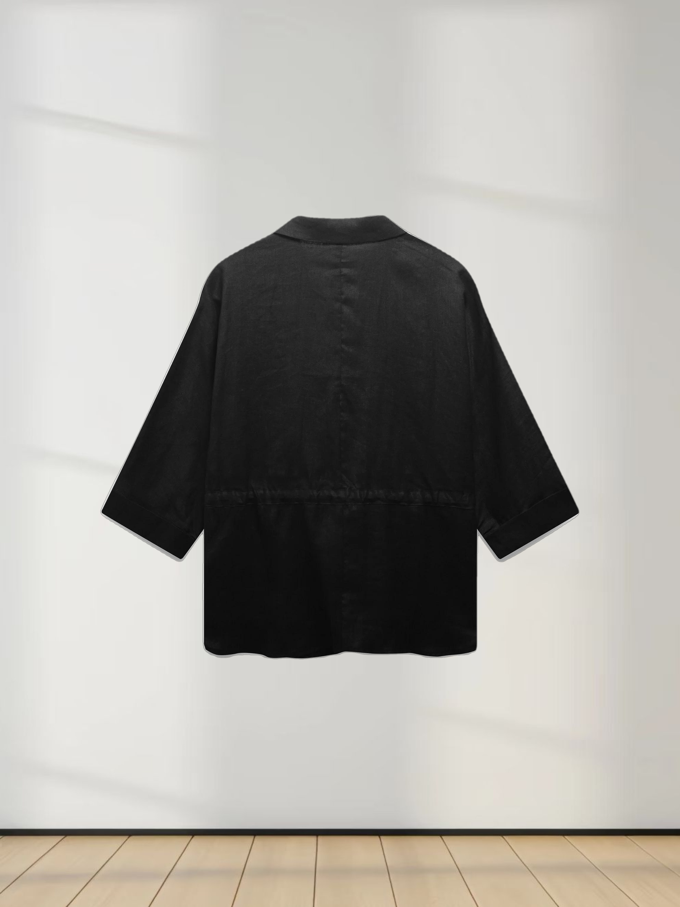 Drawstring Button Down Linen Top-Black