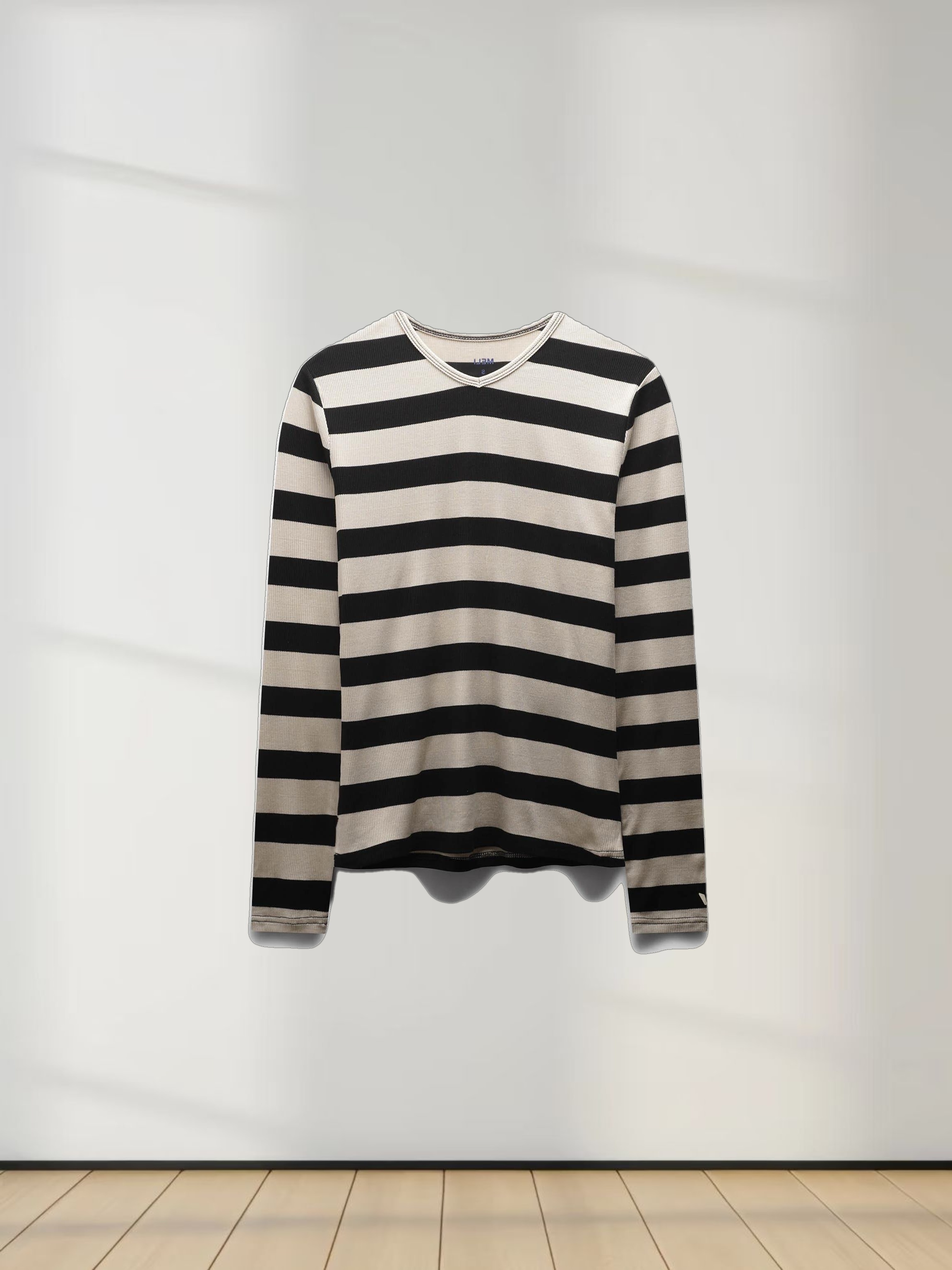 Ribbed Striped High V Tee Long Sleeve-Tan/Black