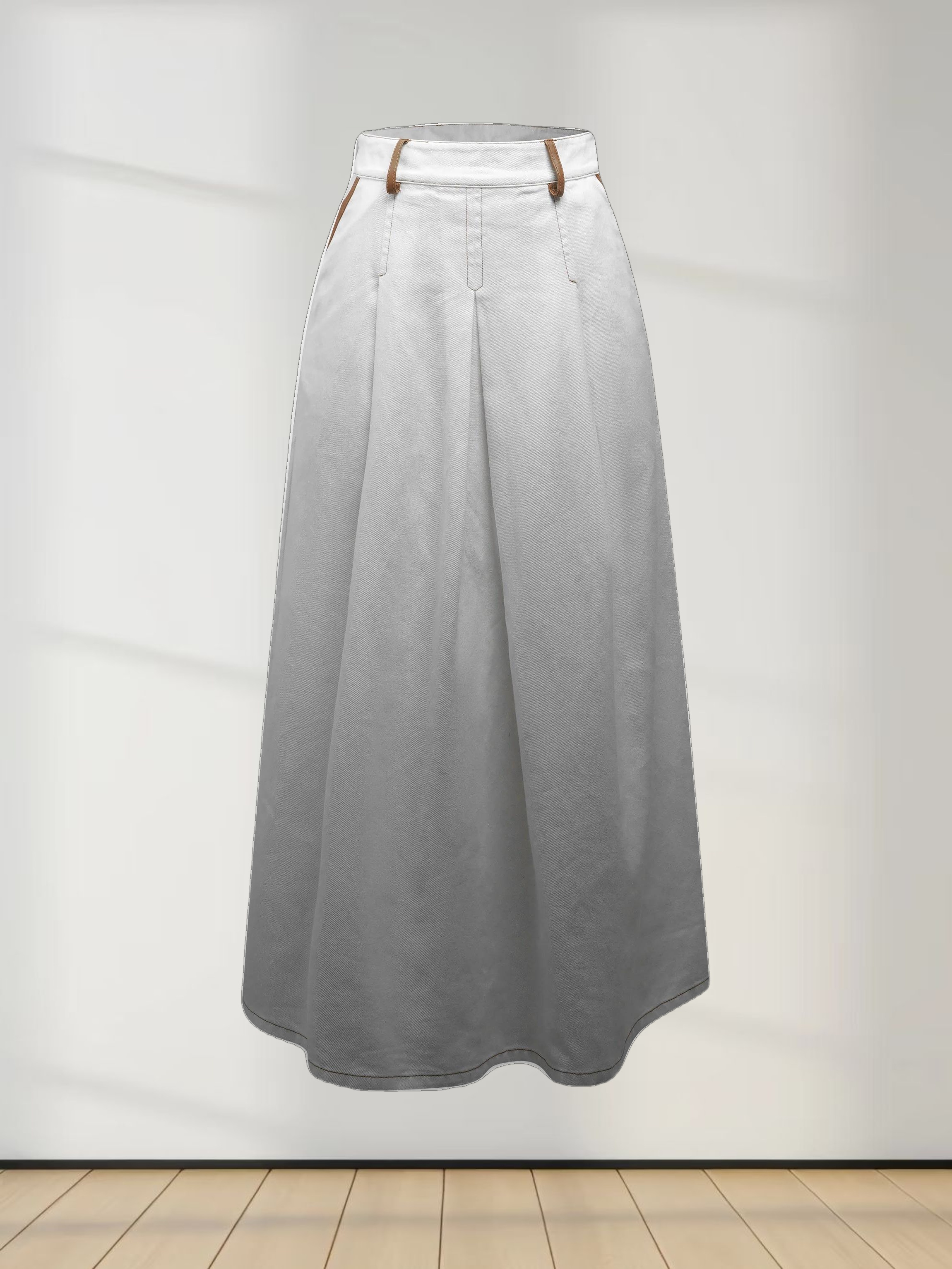 Leather Trim Denim Skirt-White