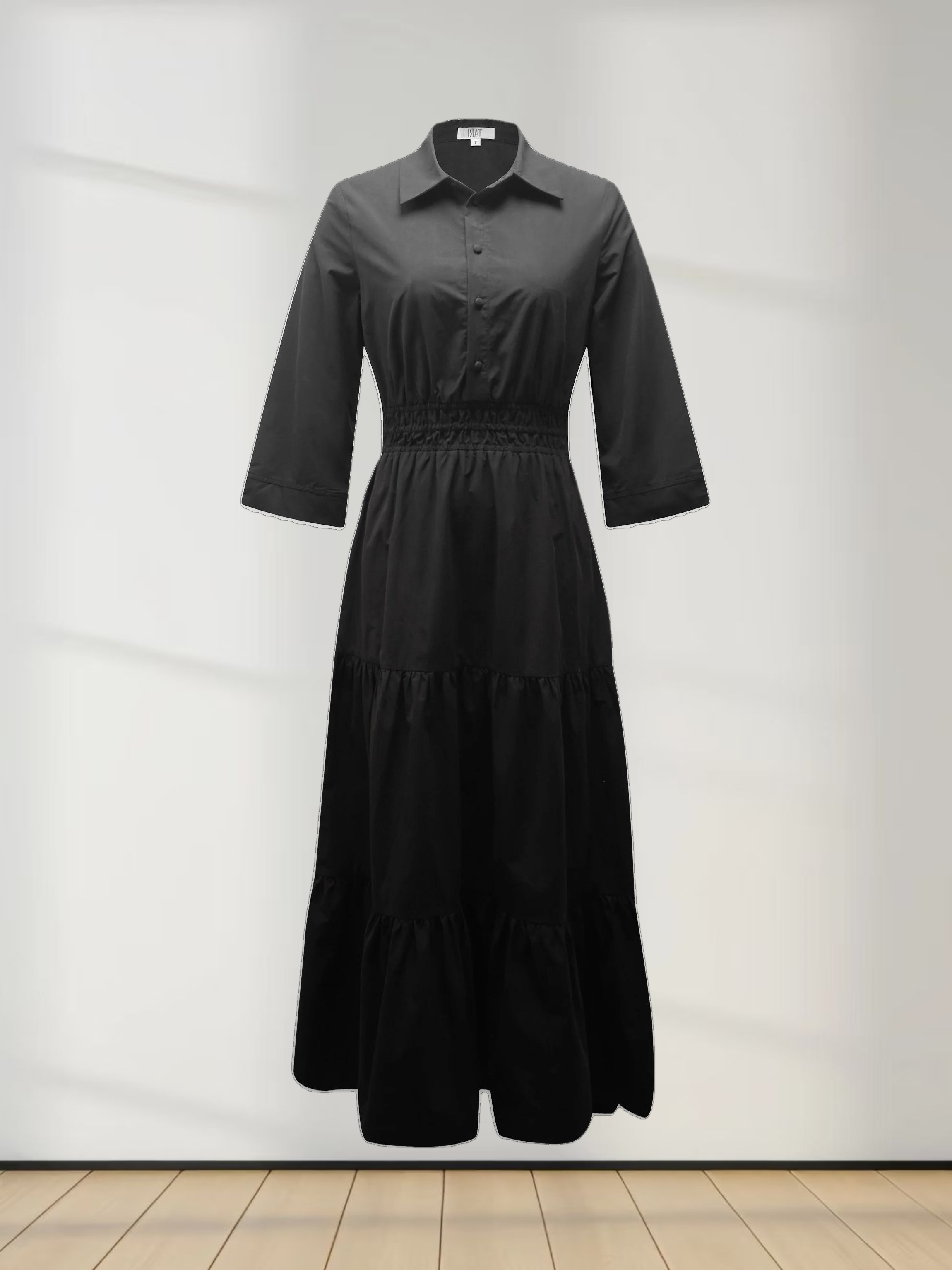 Elastic Waist Tiered Shirtdress-Black