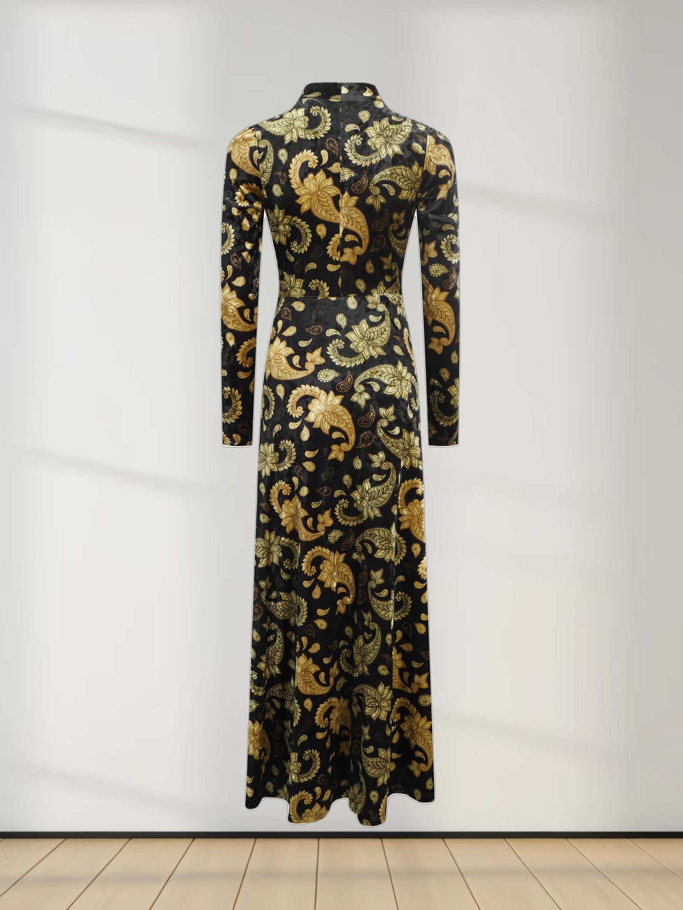 Velour Front Knot Maxi Dress-Gold Paisley