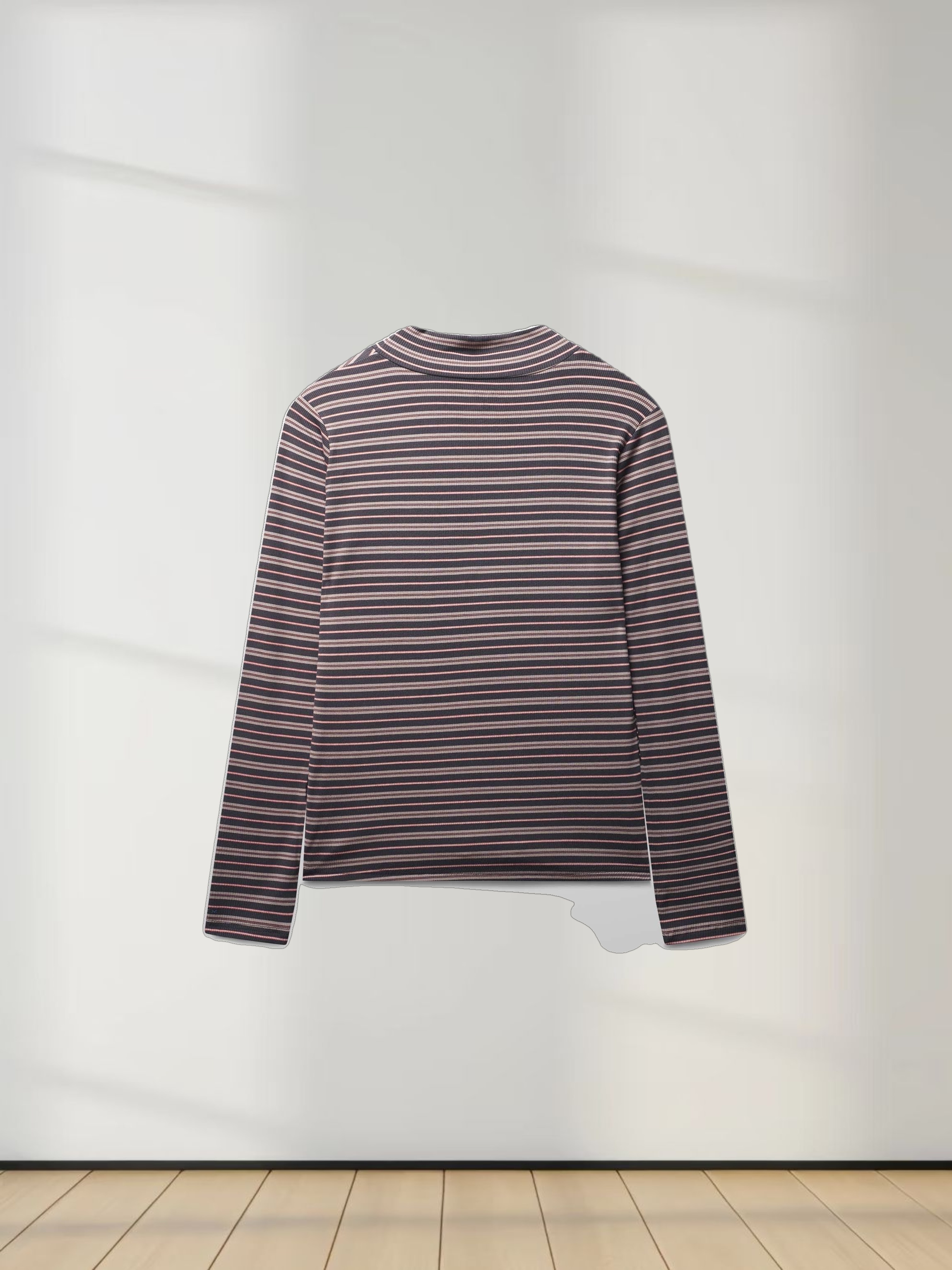 Striped Ribbed Turtleneck-Grey/Peach