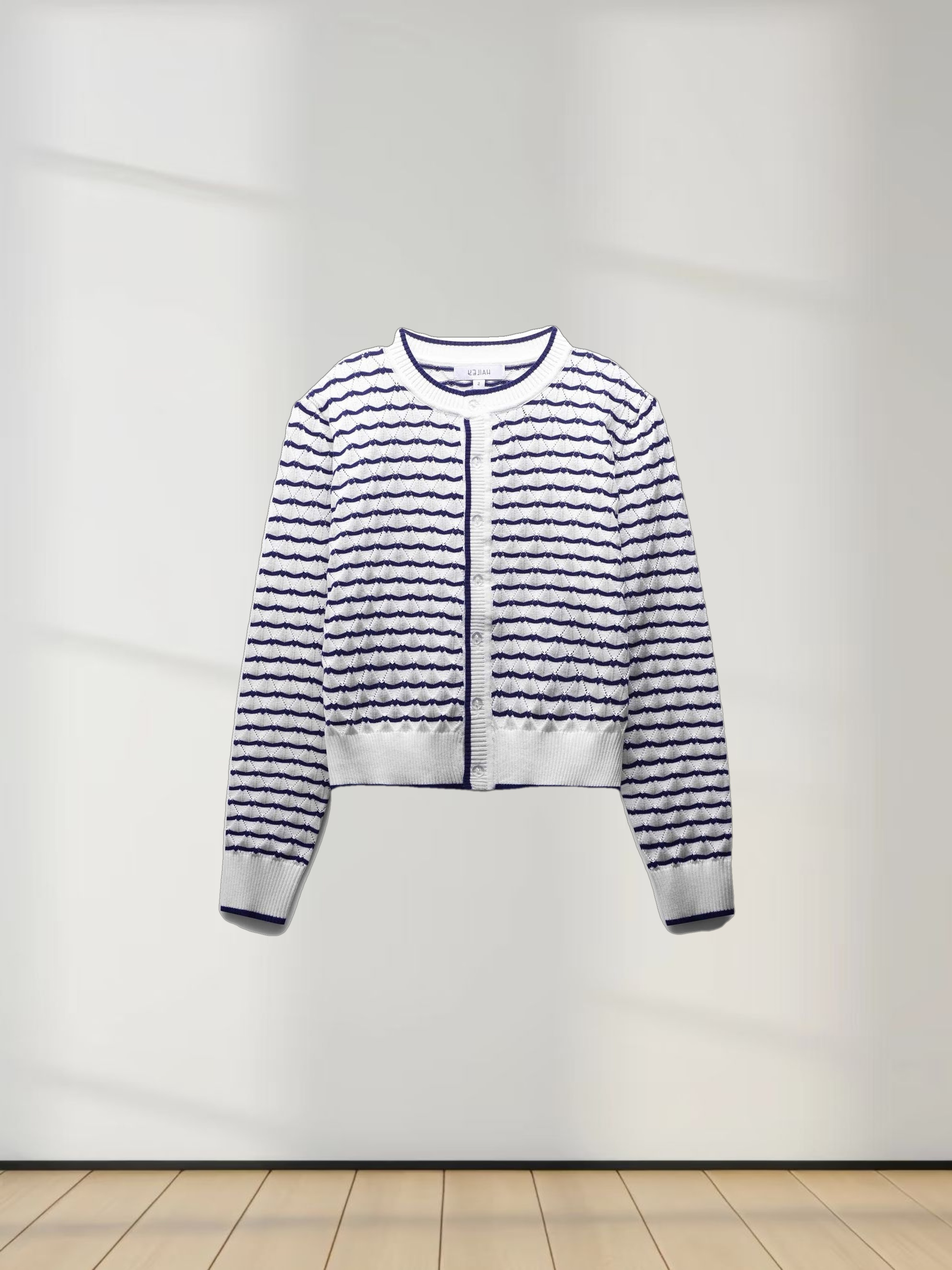 Striped Pointelle Cardigan-Ivory/Navy