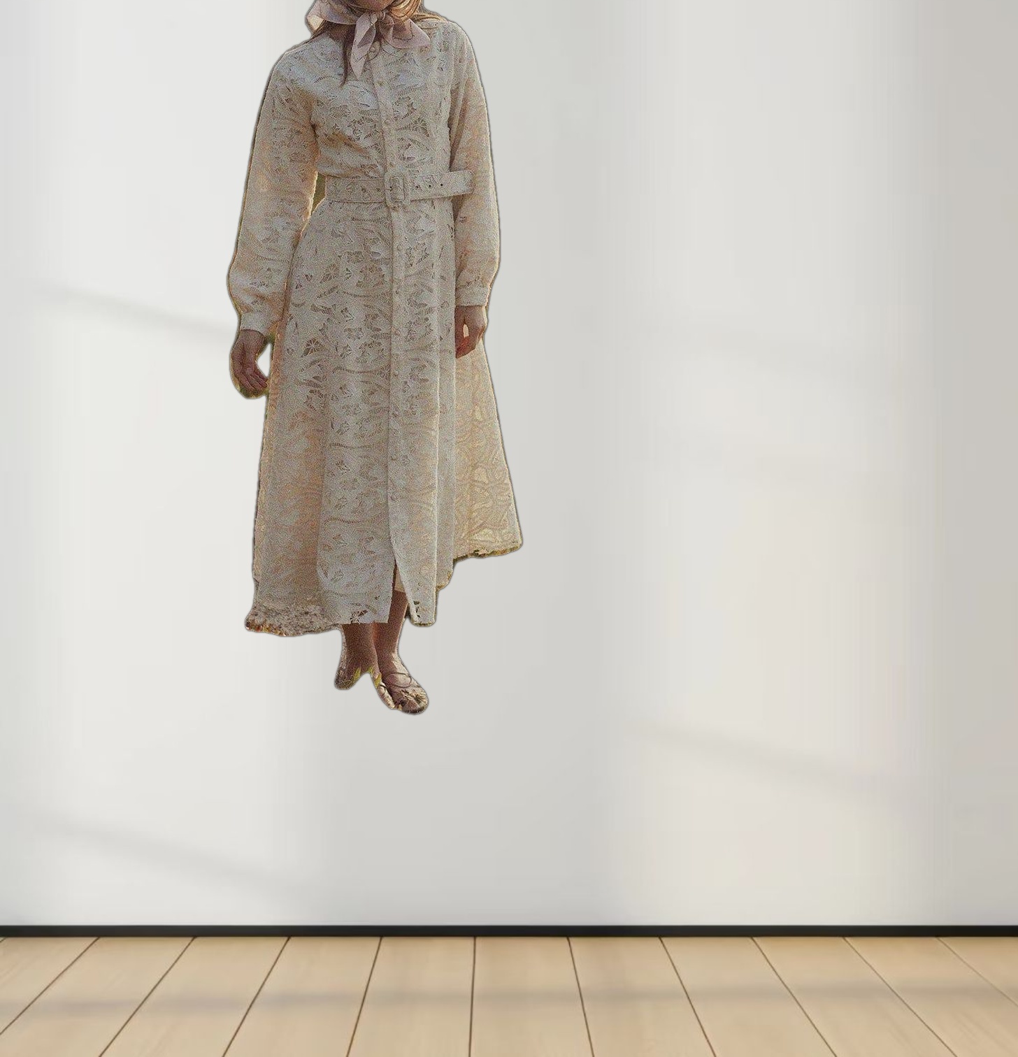 Lace Cutout Princess Style Belted Dress-Cream