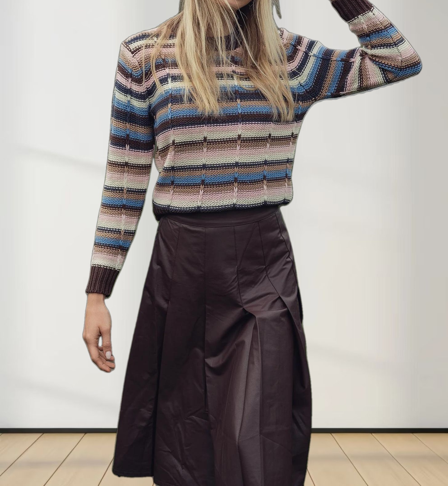 Overstitch Detail Striped Sweater-Brown