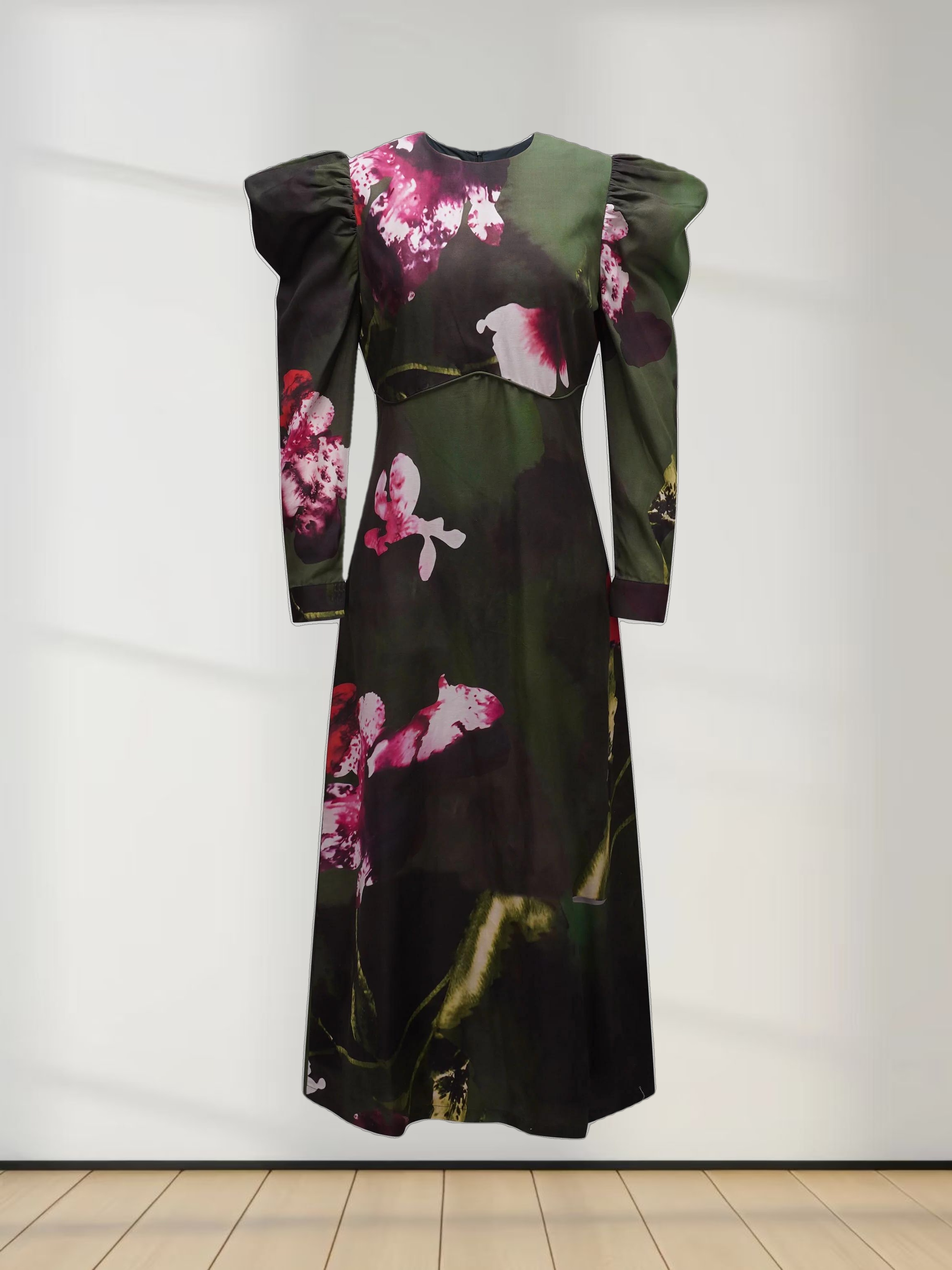 Empire Waist Puff Sleeve Dress-Green Forest