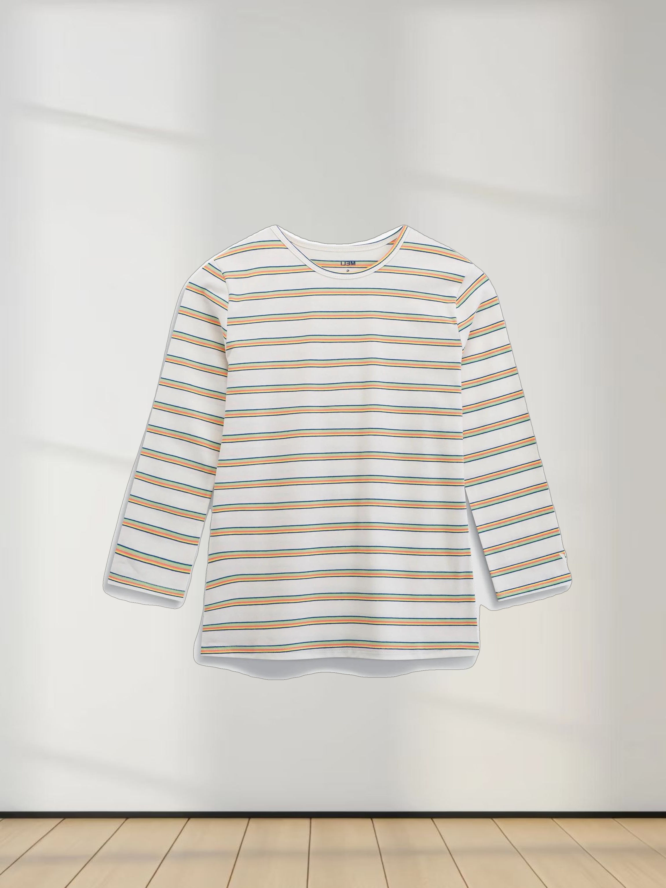 Flat Striped Crew Tee 3Q-White/Neon Stripe