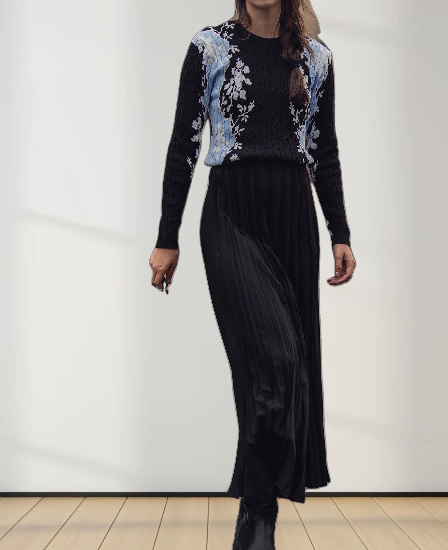 Printed Cable Sweater-Floral Border