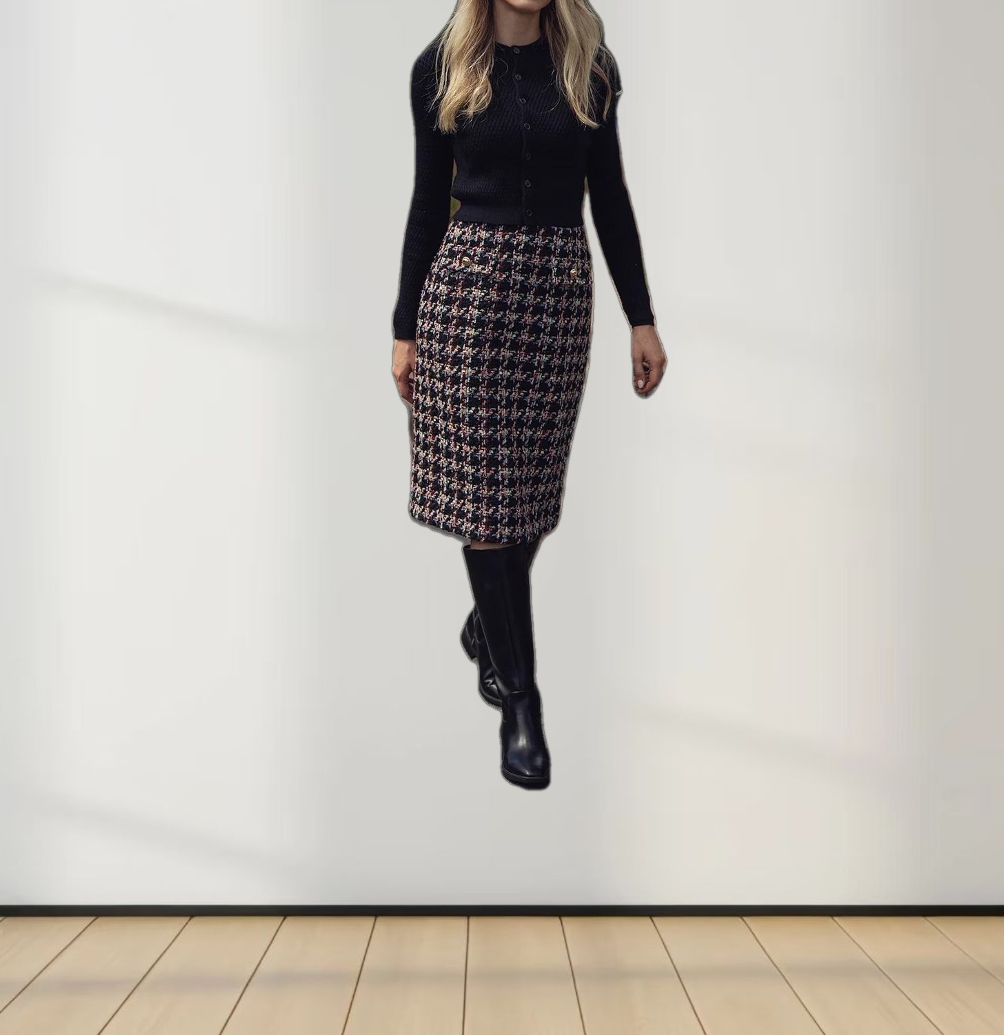 Textured Crew Cardigan-Black