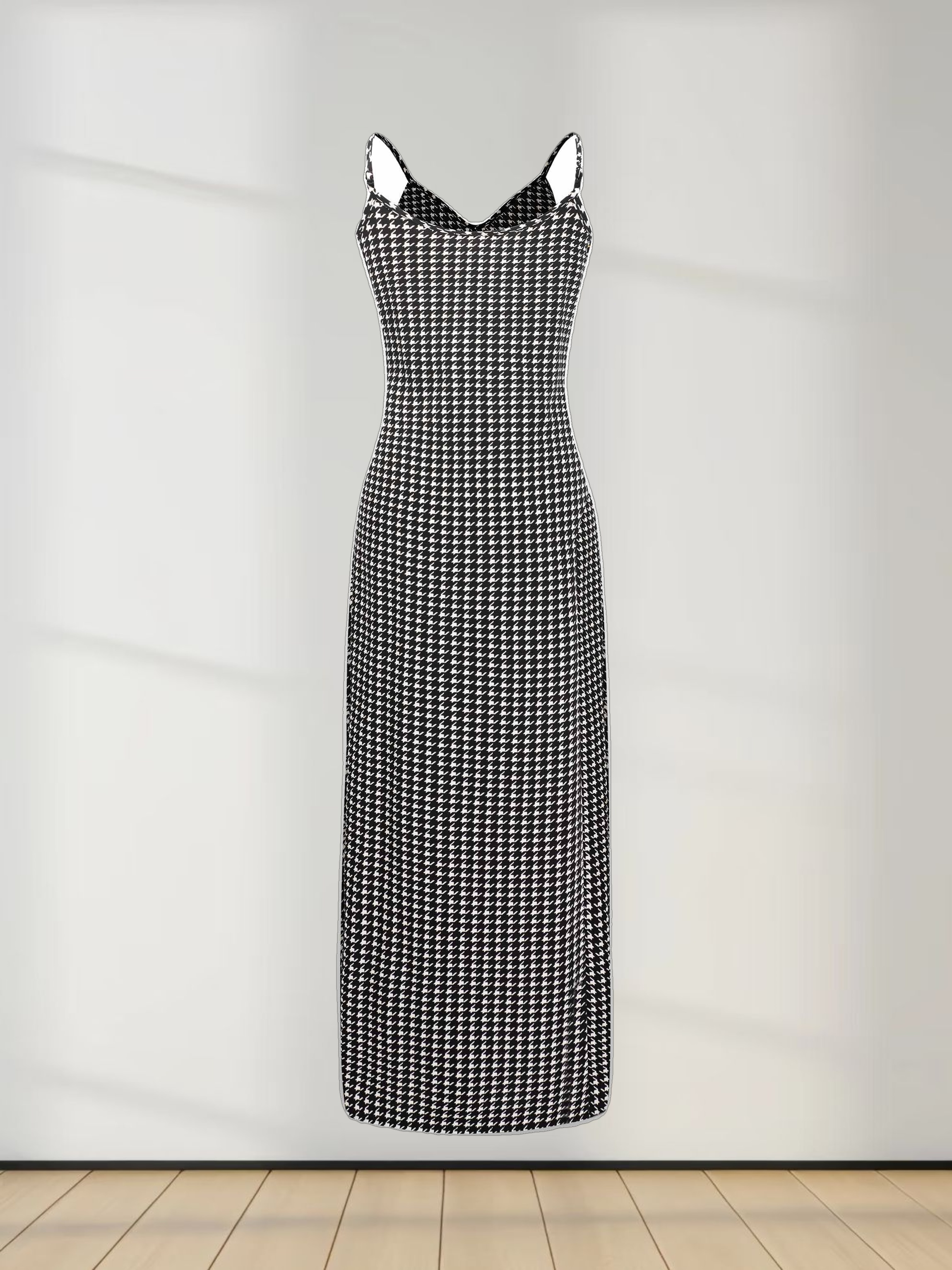 A-Line V Neck Slip Dress-Houndstooth