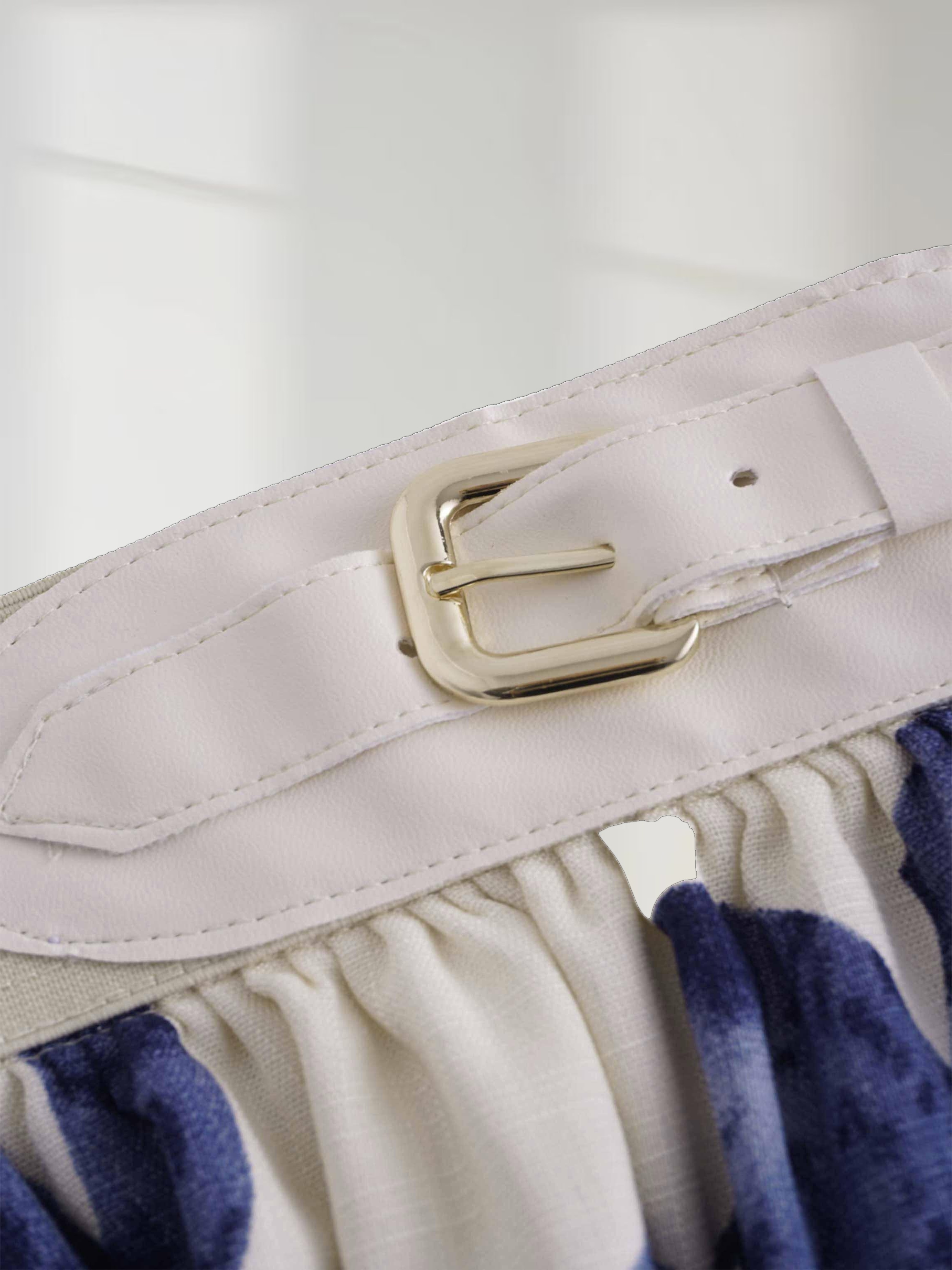 Leather Buckle Skirt-Blue Floral