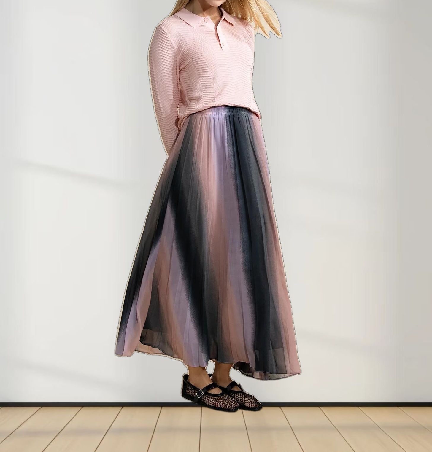 Covered Band Pleated Skirt-Pink Ombre
