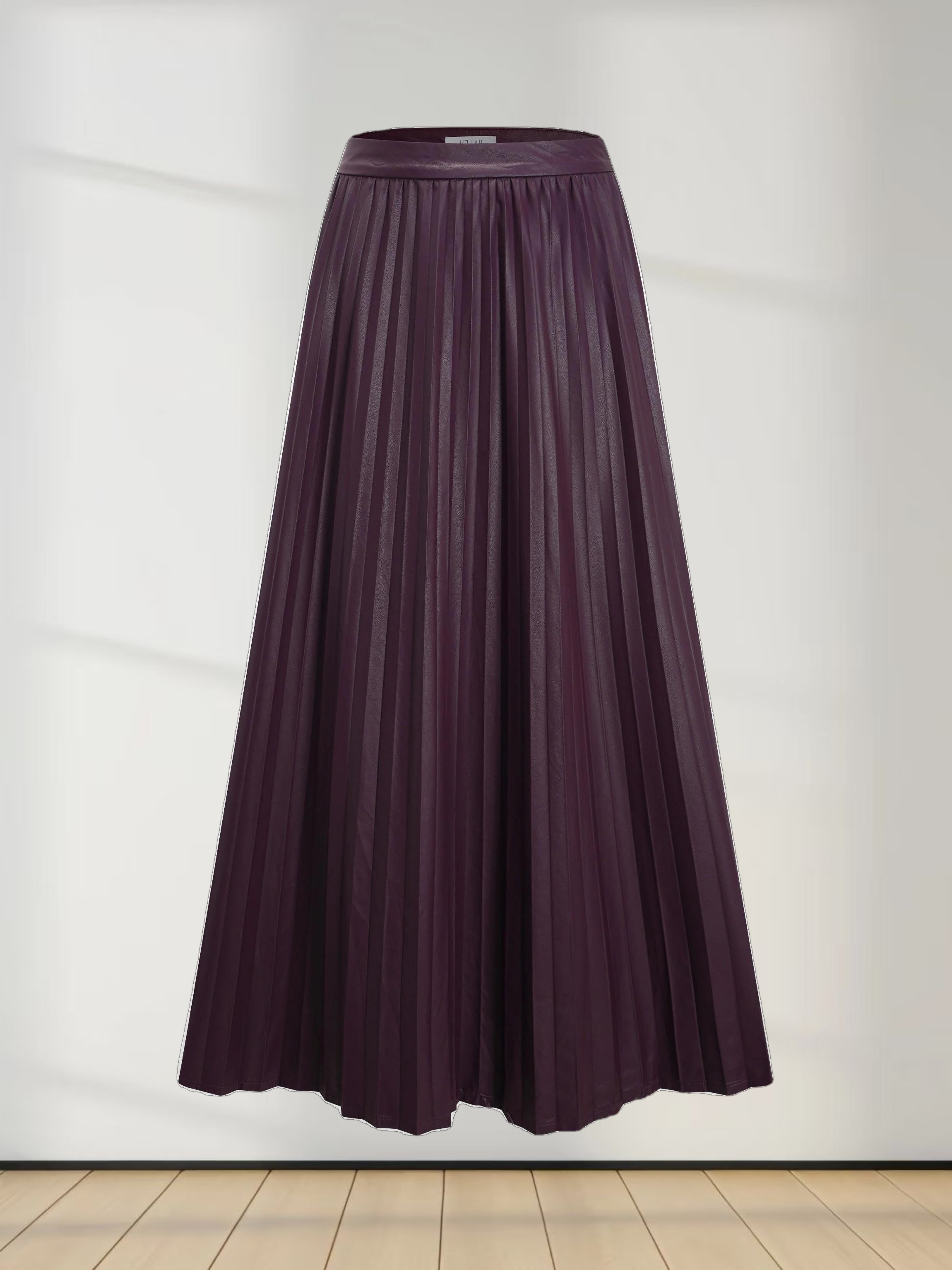 Accordion Pleated Faux Leather Skirt-Eggplant