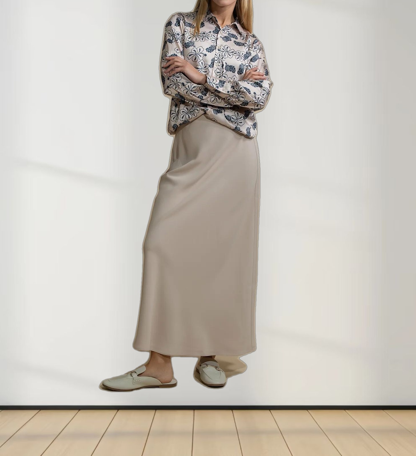 Oversized Faux Satin Blouse-Navy/Taupe Floral