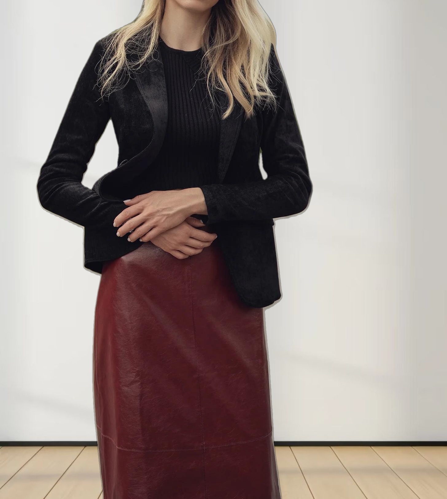 Coated Faux Leather A-Line Skirt-Burgundy