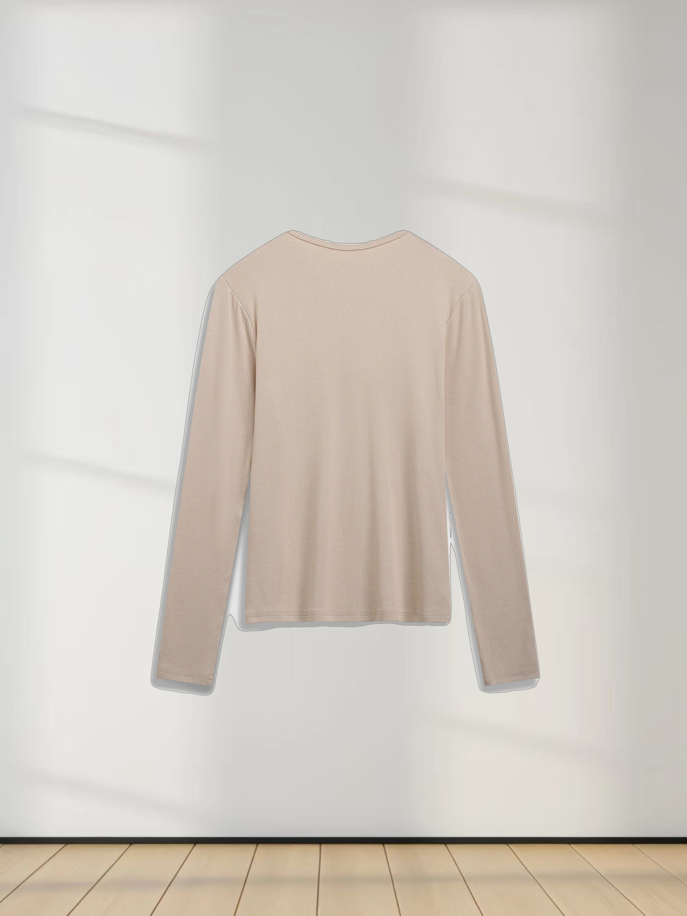 RIBBED HIGH V TEE LS-BEIGE