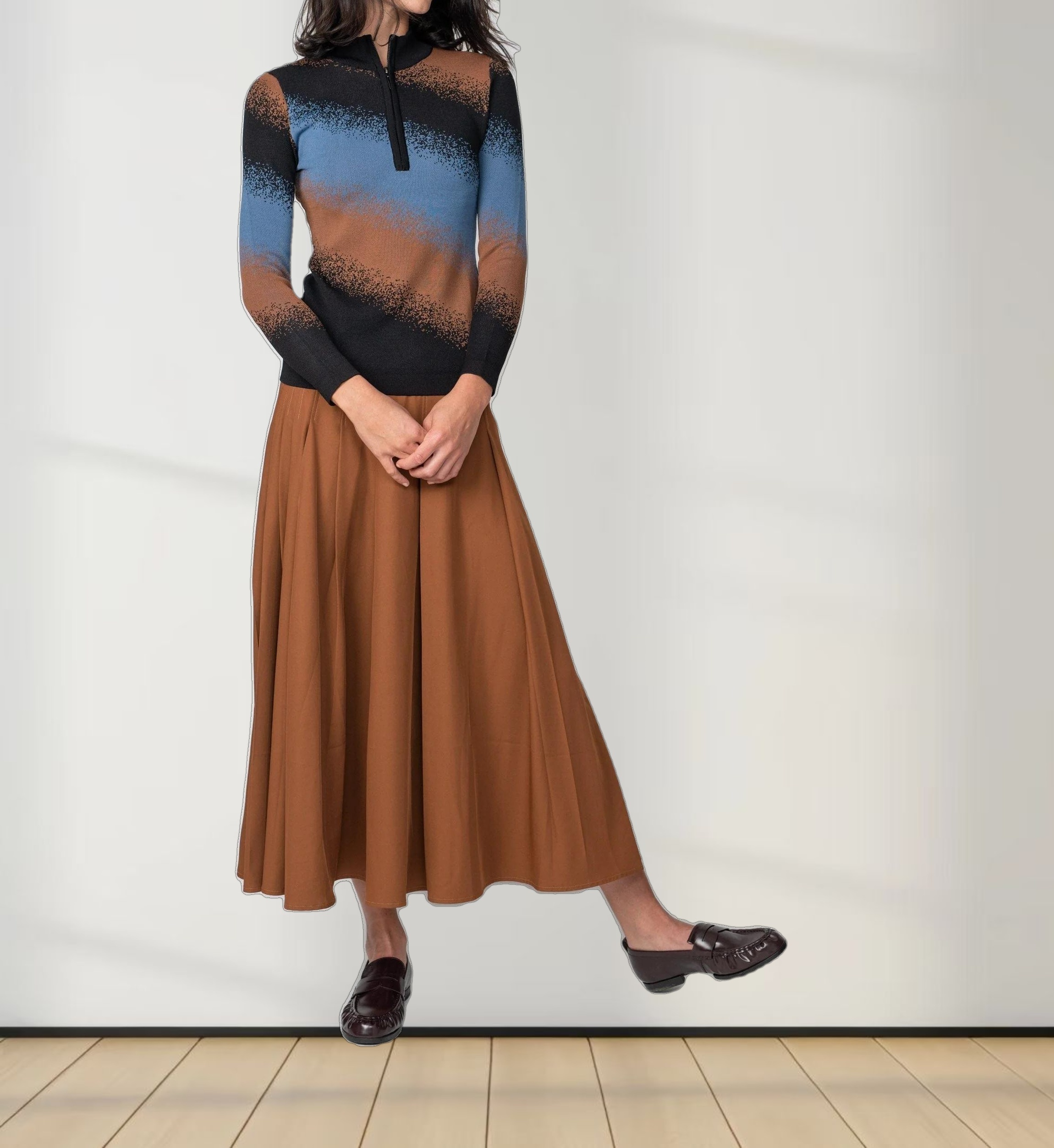 STITCHED DOWN PLEATED SKIRT(SHORT)-BROWN