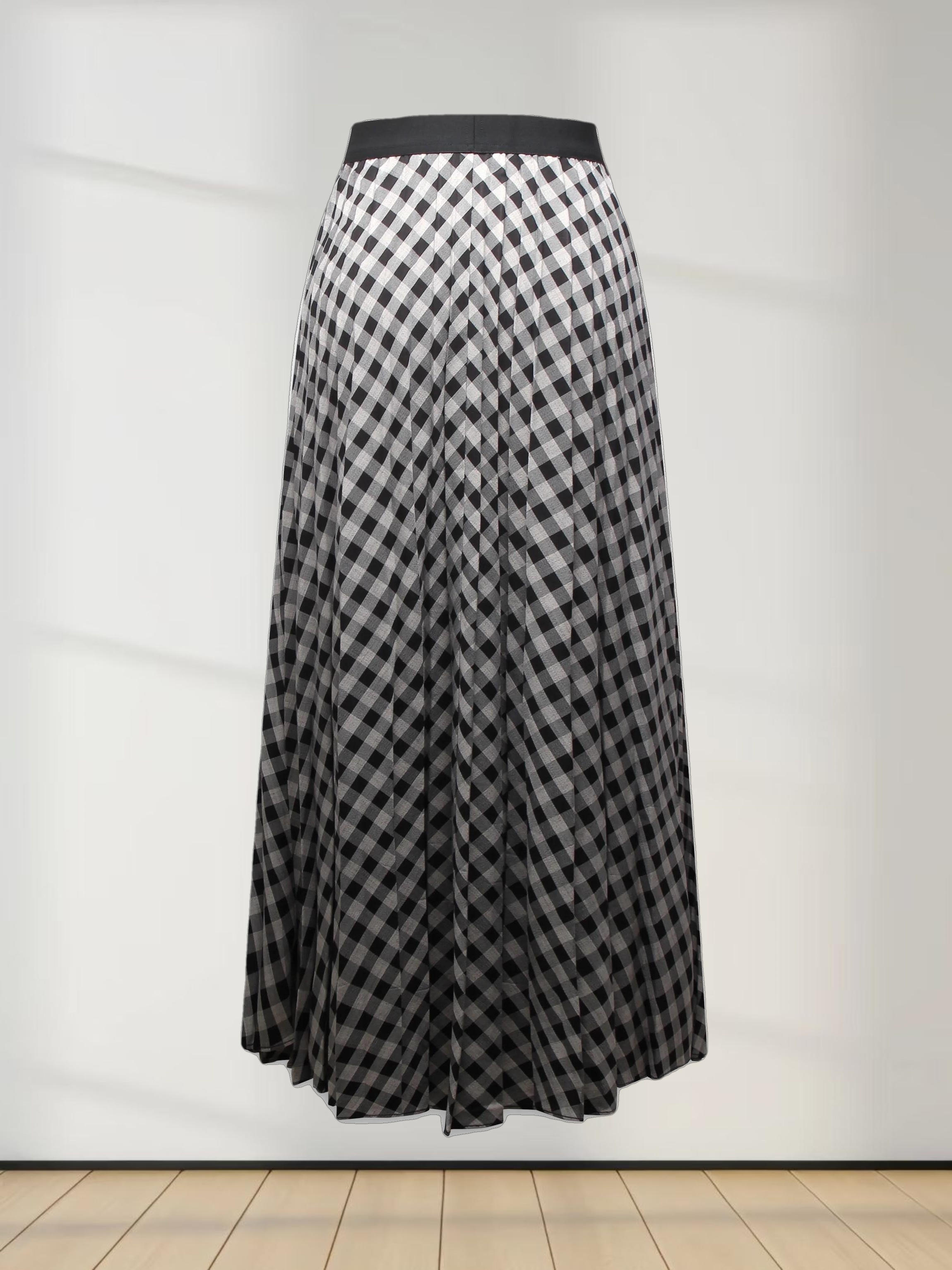 Printed Pleated Skirt-Tan/Black Gingham