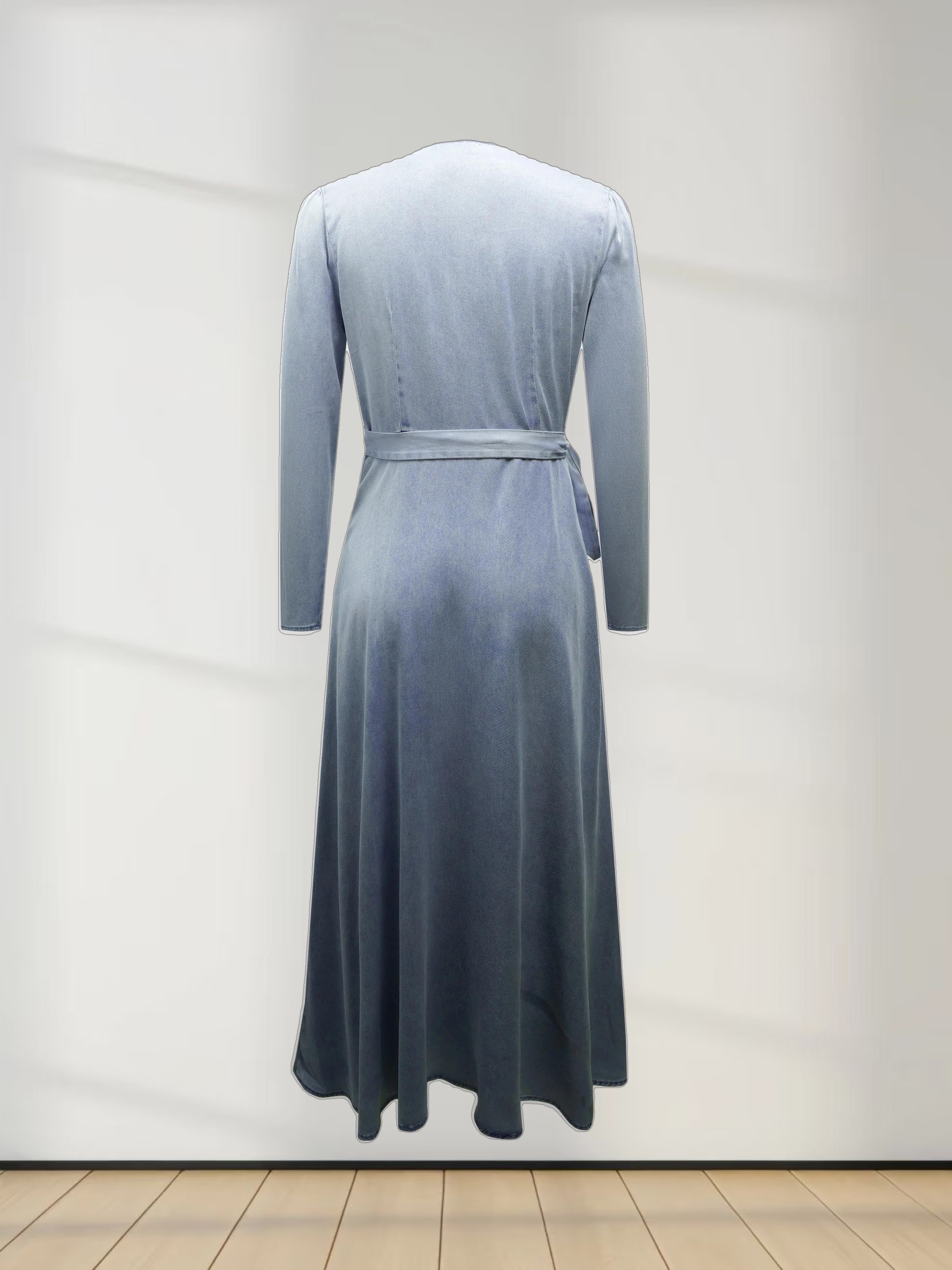 Chambray Denim Wrap Dress-Blue