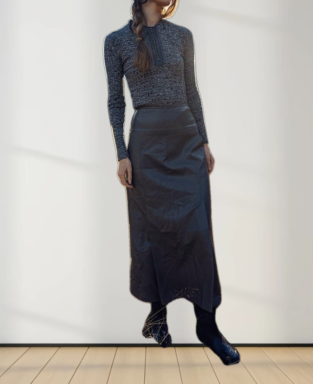 Leather Inverted Pleat Skirt-Grey