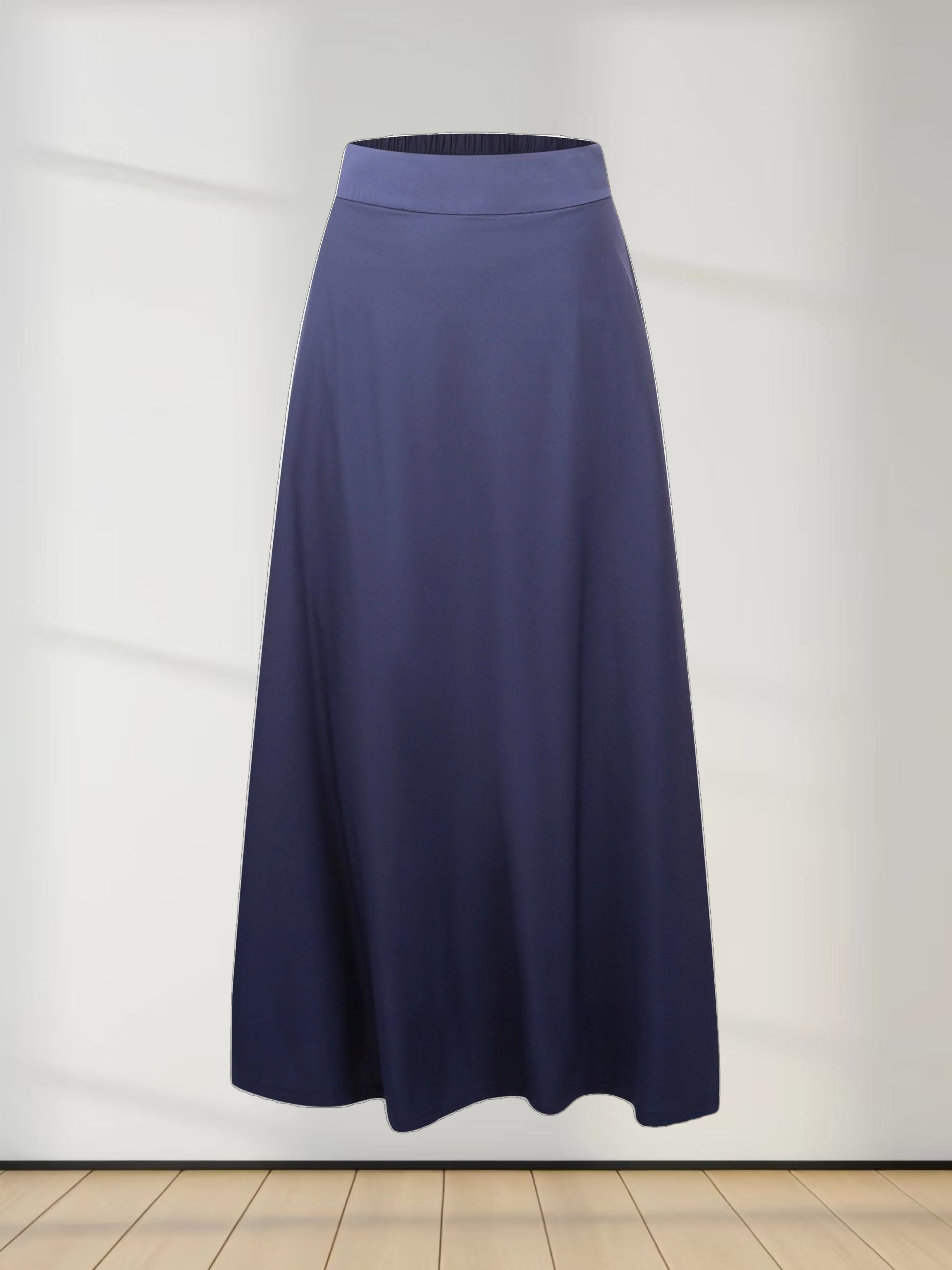 Elastic Back Maxi Cotton Blend Skirt-Navy