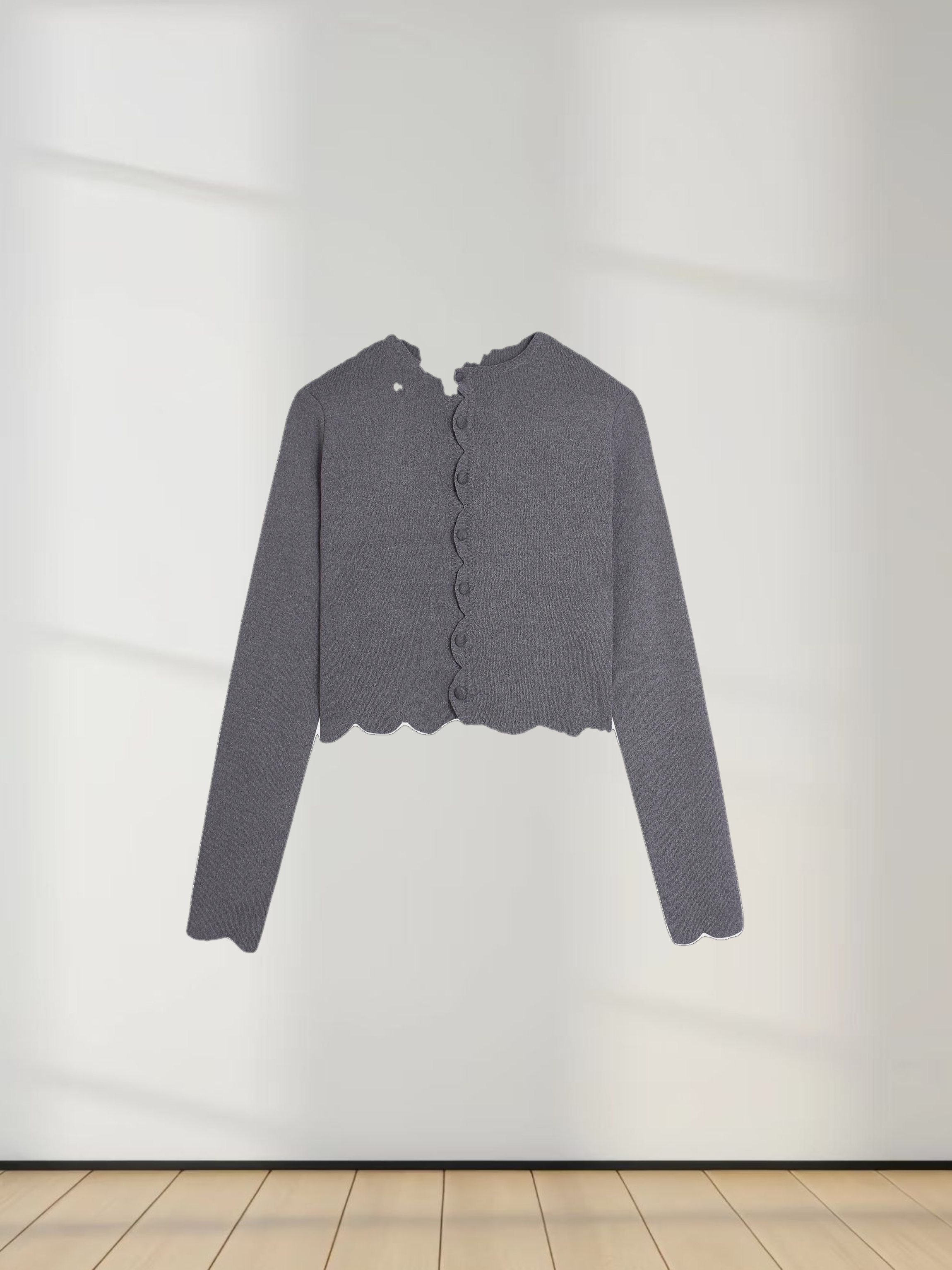 Scallop Edge Crew Cardigan SHORT-Heather Grey