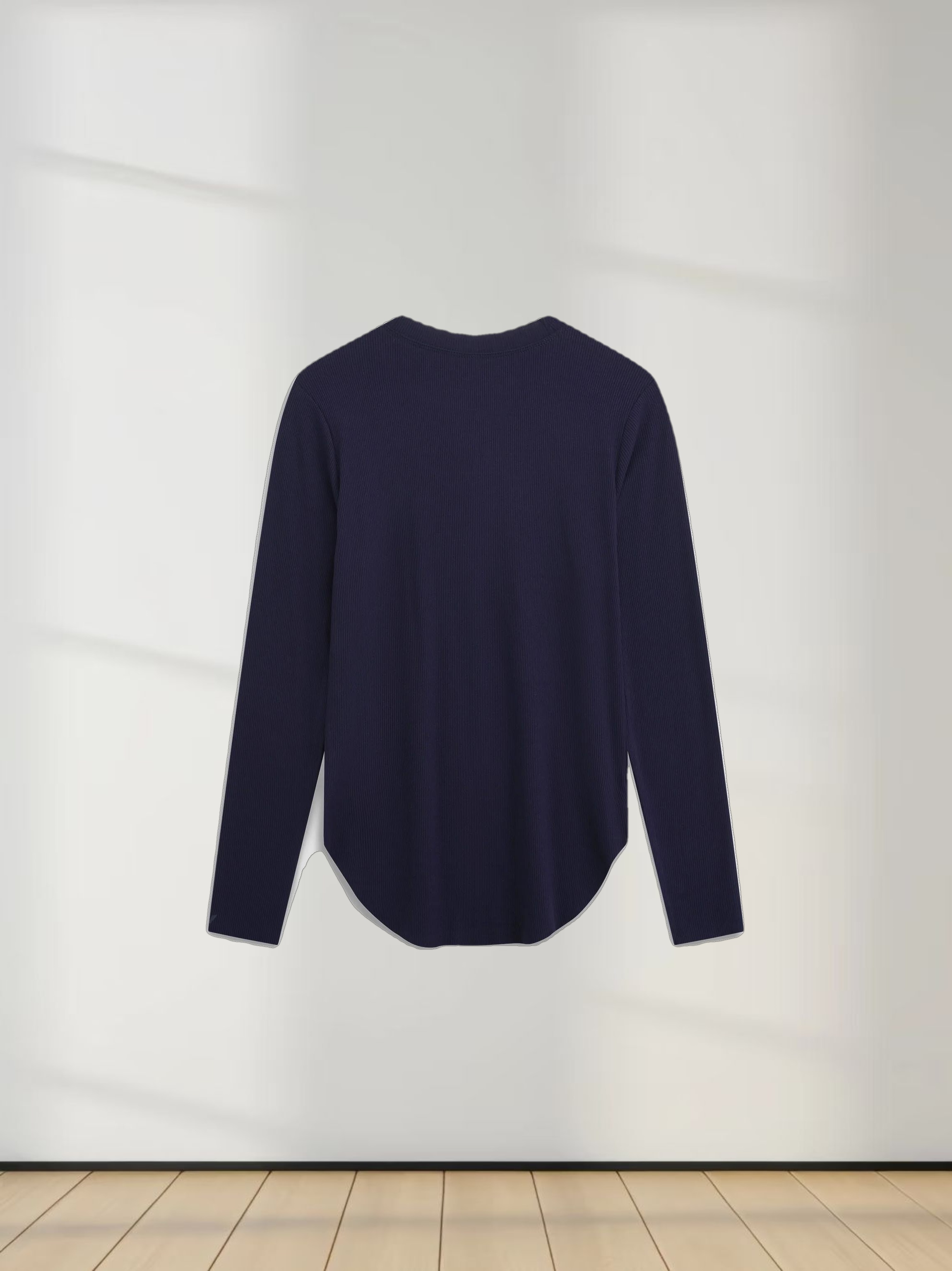 Rounded Hem Ribbed T-Shirt-Navy