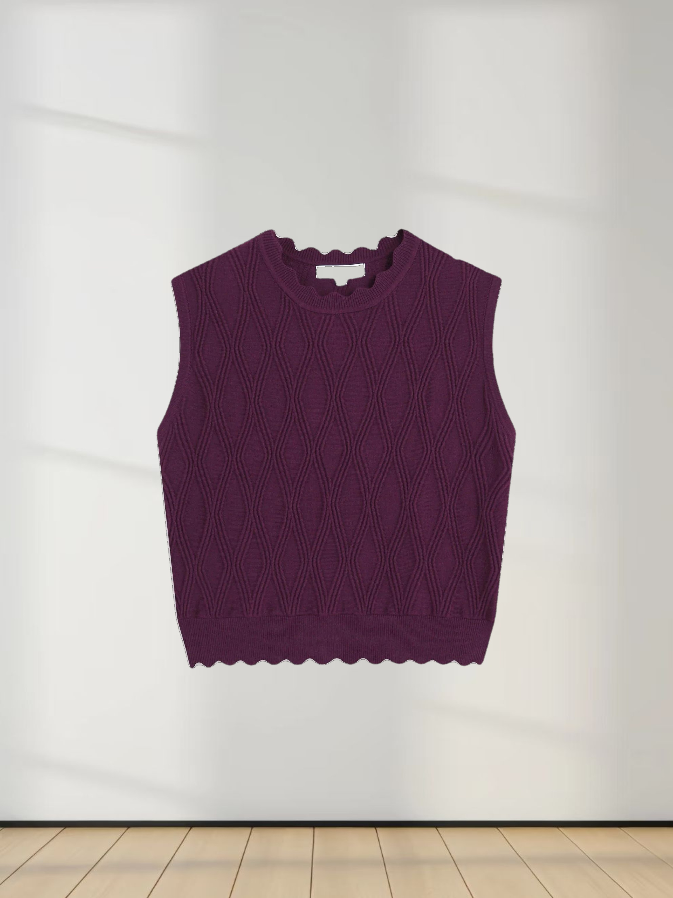 Scalloped Sleeveless Crew Neck Sweater-Wine