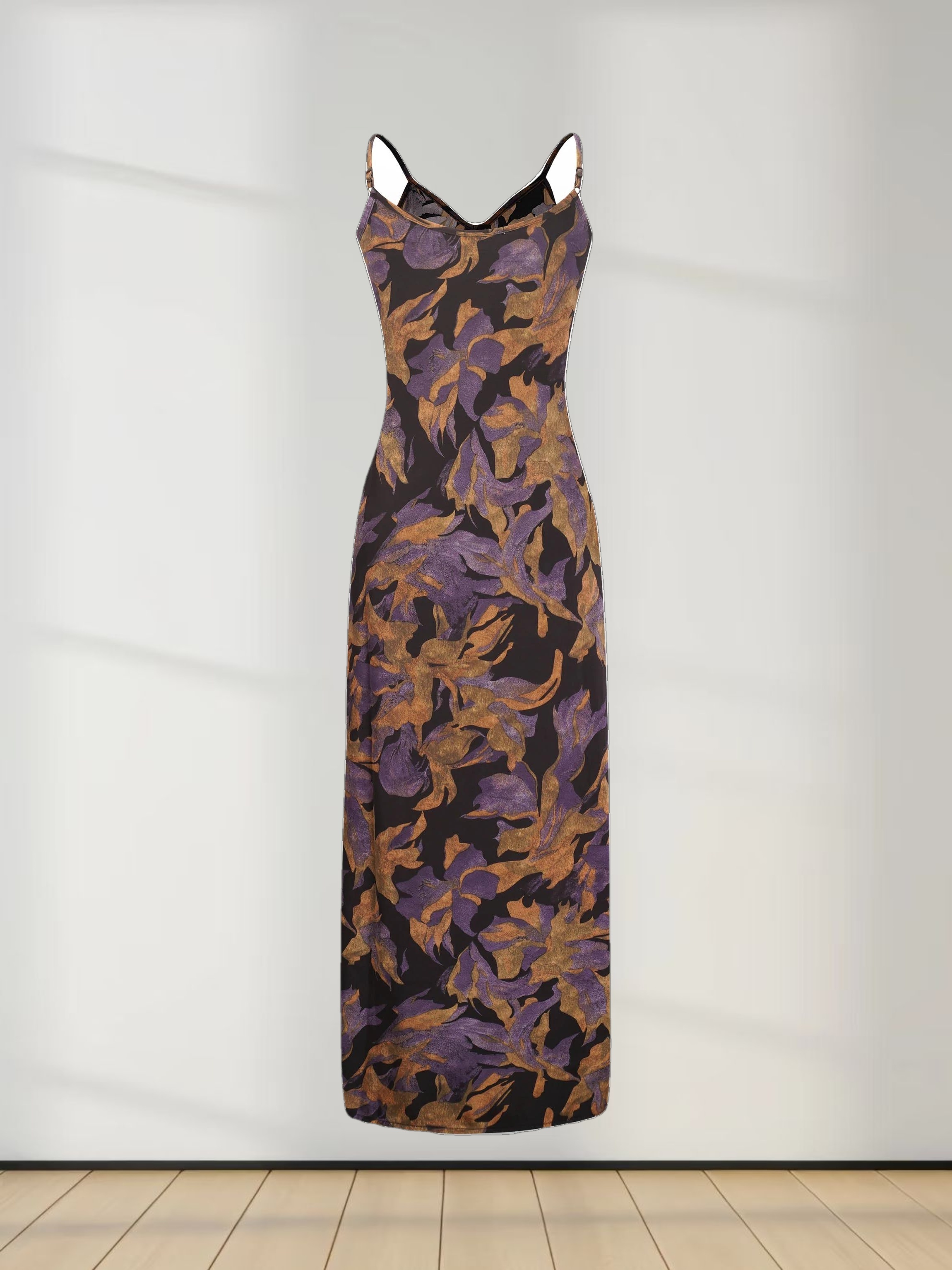 A-Line V Neck Slip Dress-Purple Floral