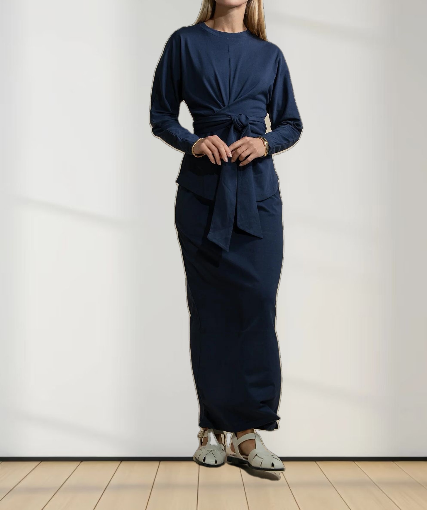 Straight Maxi Drawstring T-Shirt Skirt-Navy