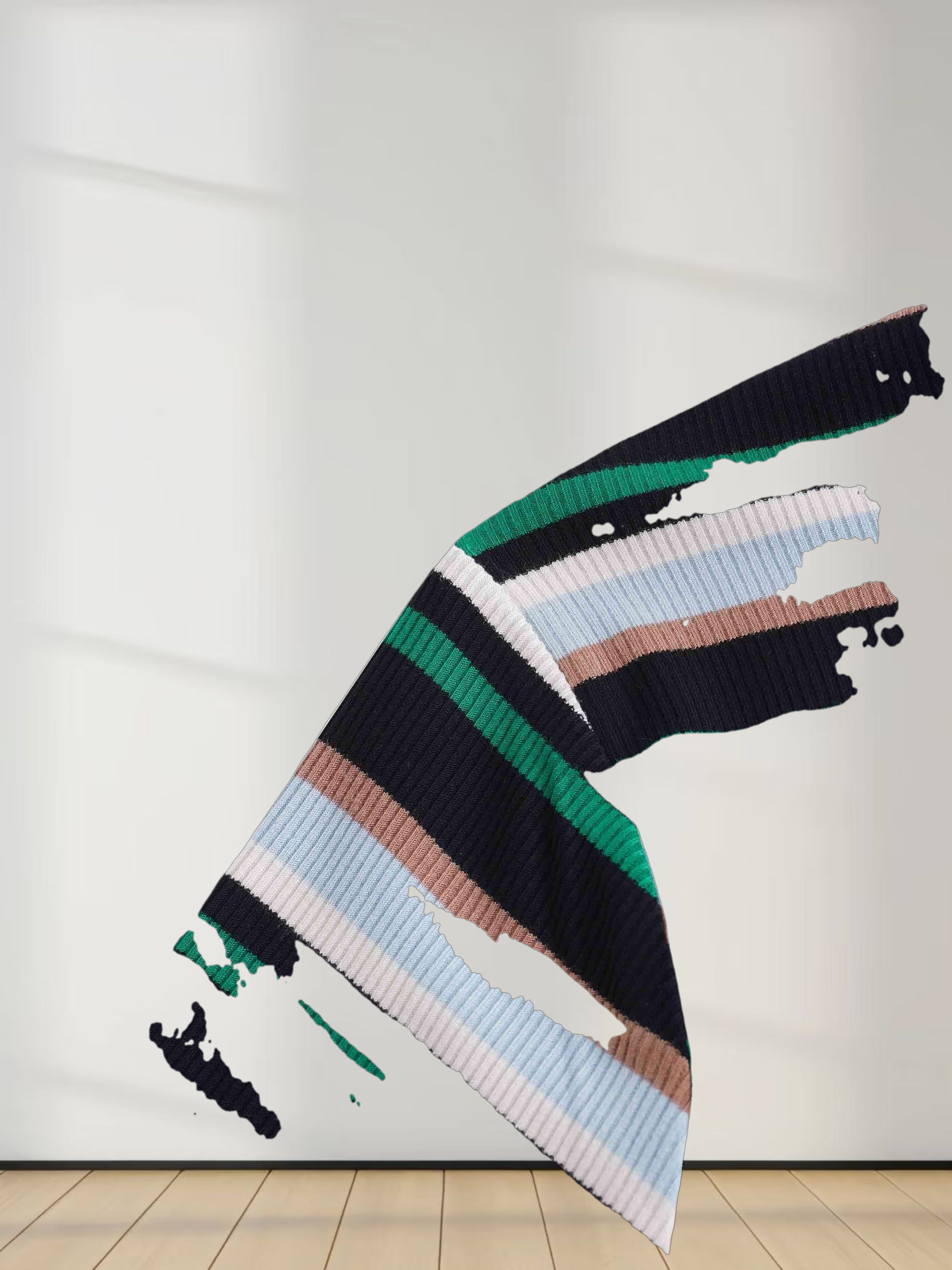 Ribbed Striped Crew 3/4 Sleeve-Green