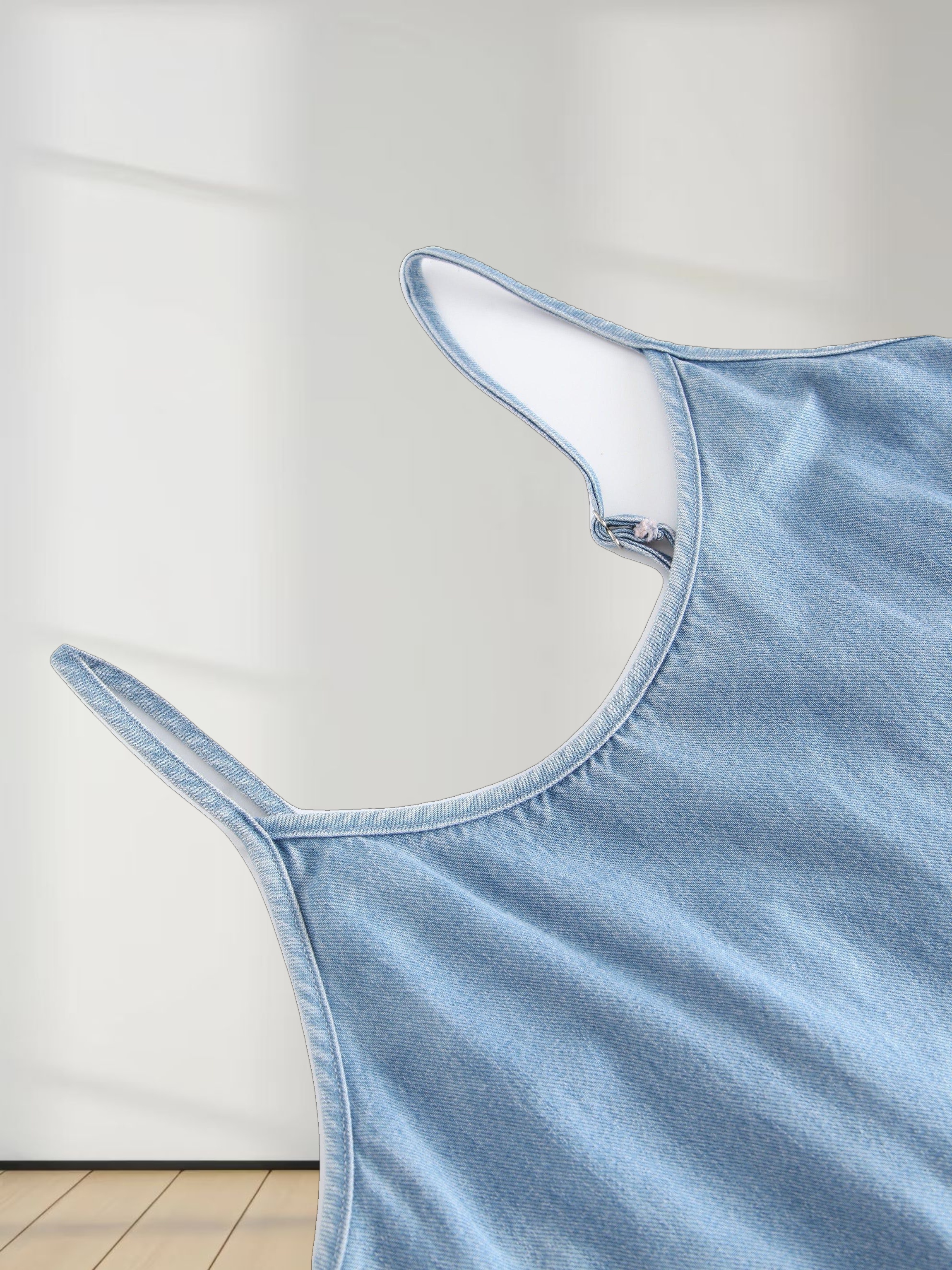 Solid Crew Neck Slip Dress-Light Blue Denim