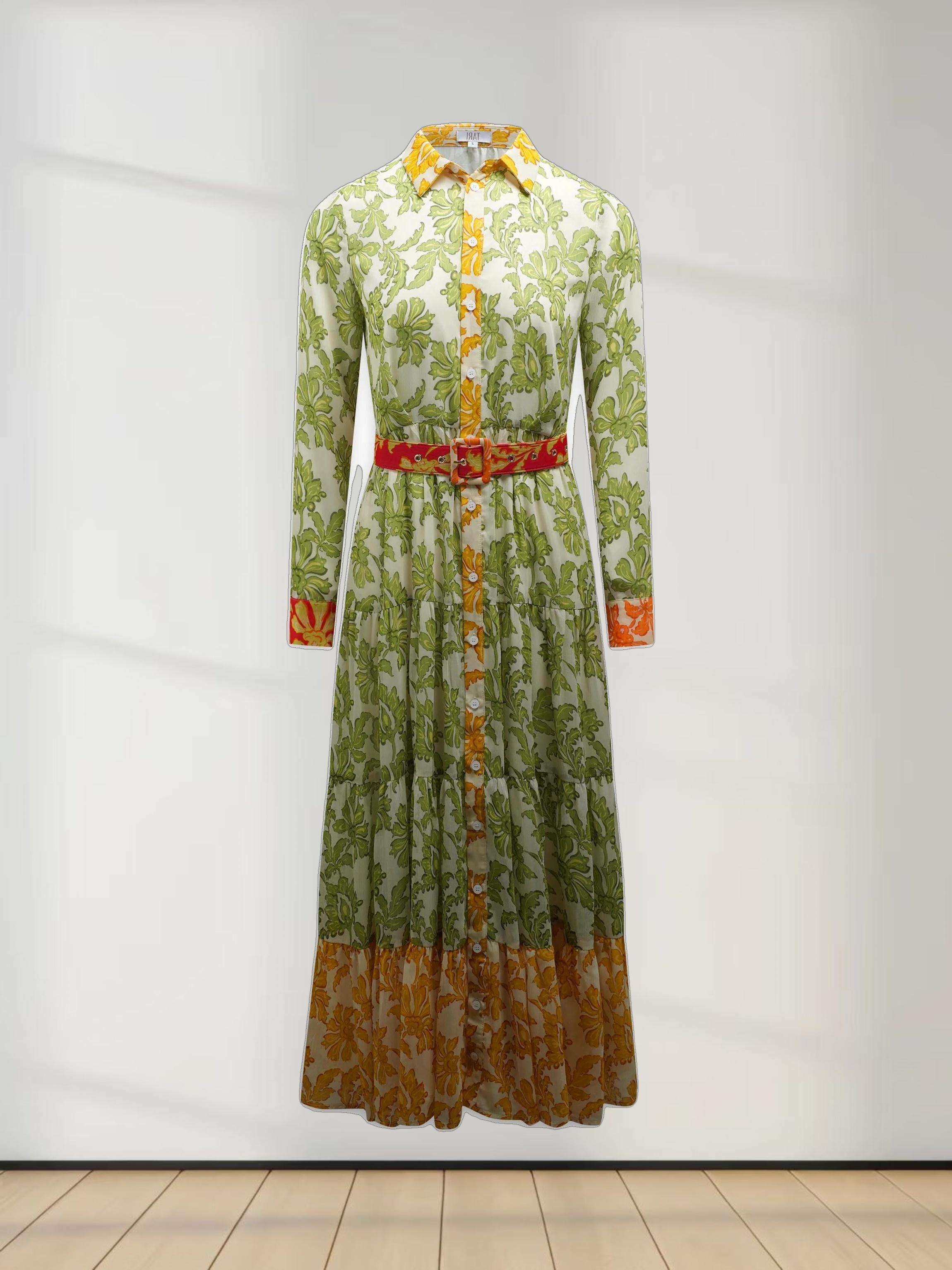 Belted Tiered Dress-Green Floral