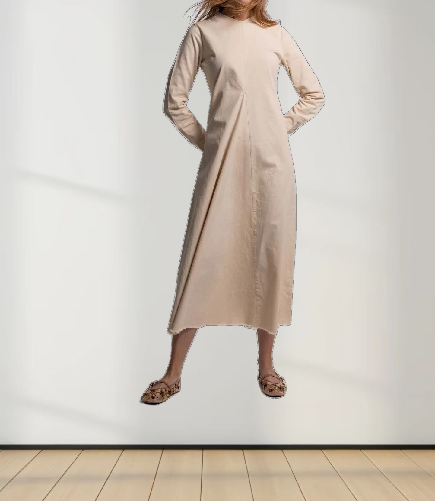 V-Neck Swing Dress-Tan