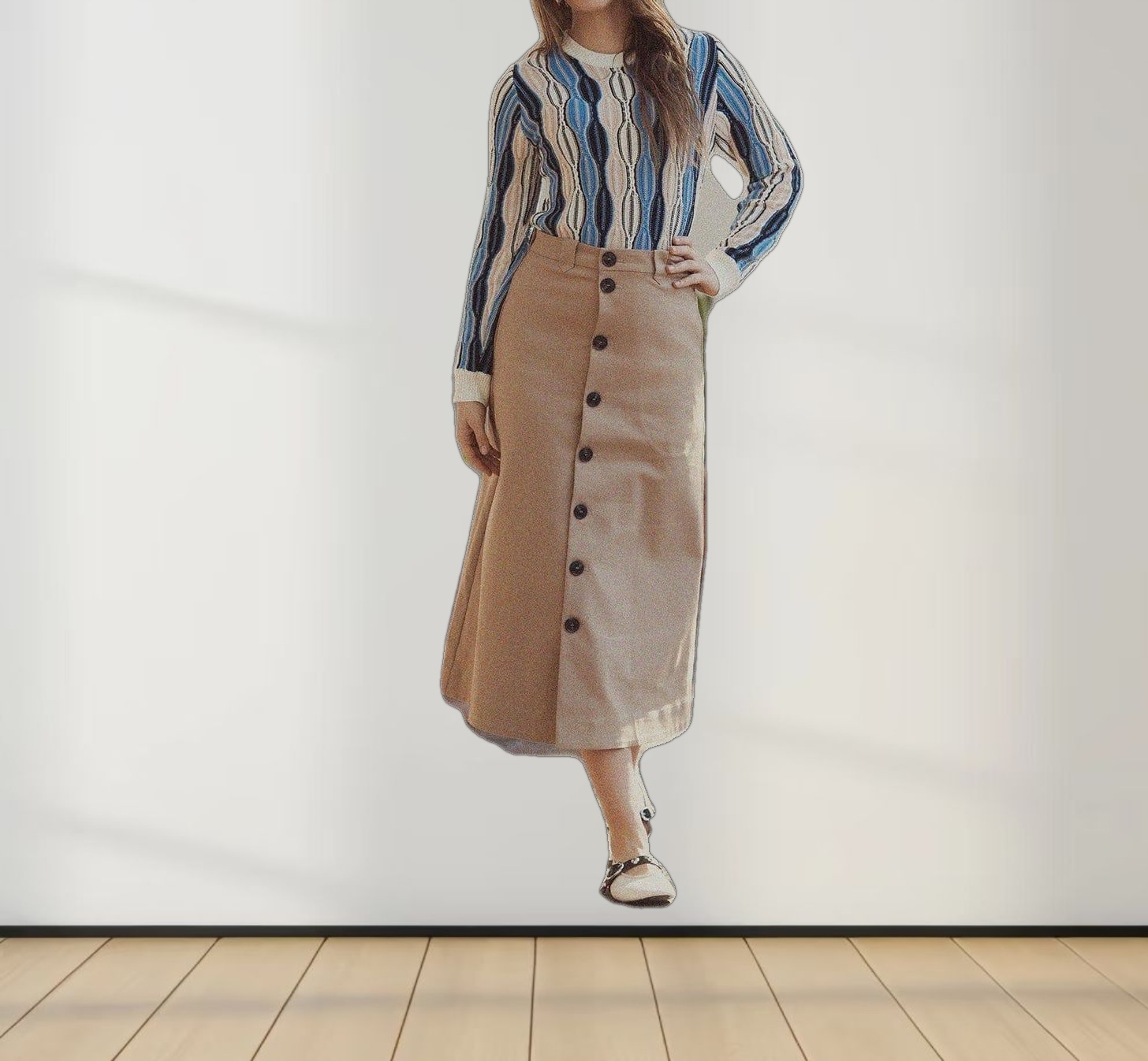 Wave Design Crew Neck Sweater-Tan/Blue