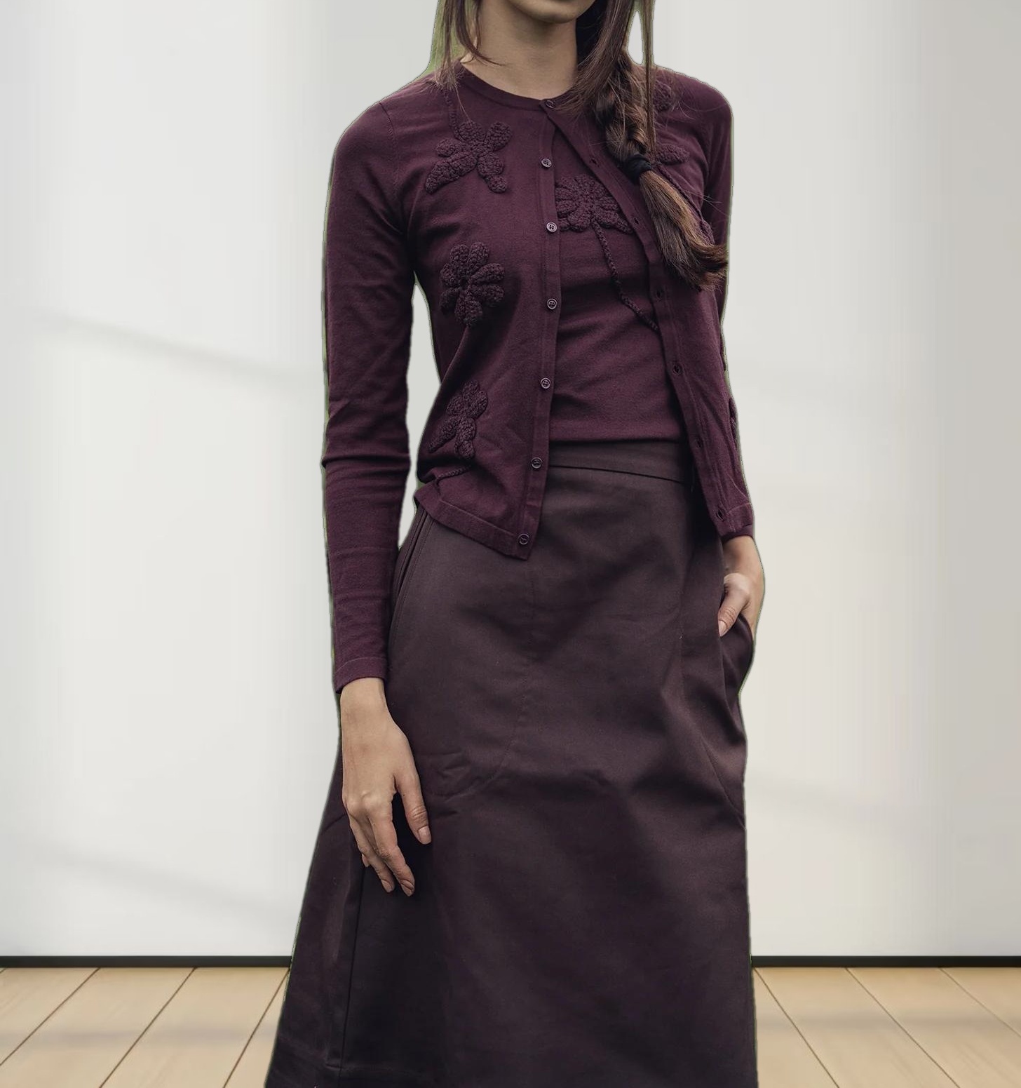 Crochet Puff Flower Sweater Set-Plum