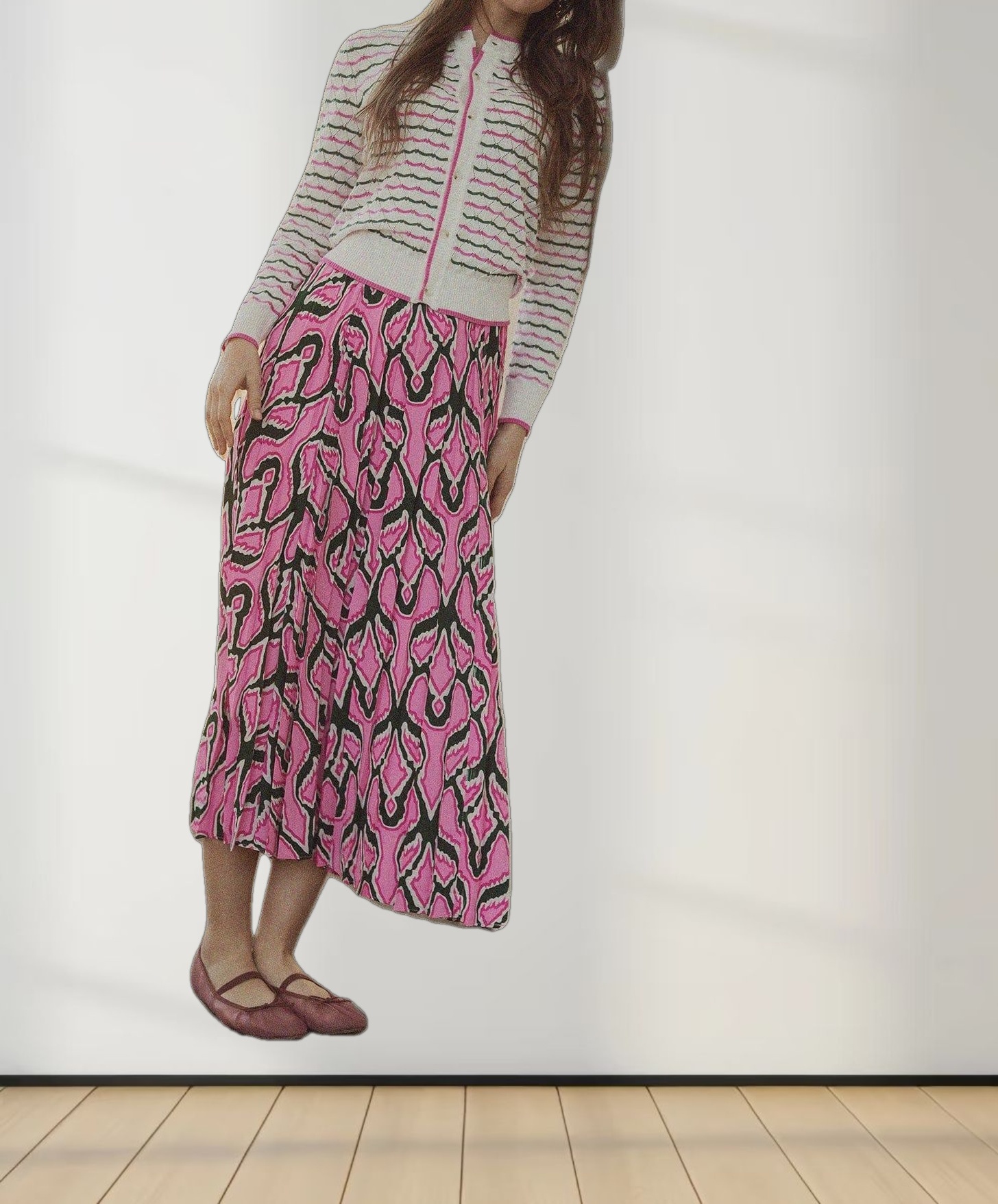 Covered Band Pleated Skirt- Pink/Green