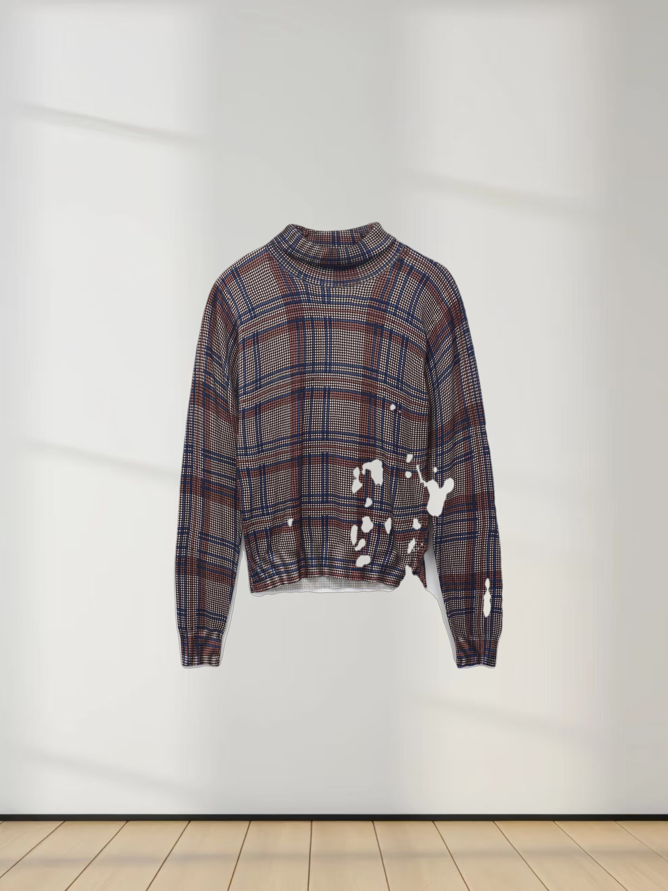 Thin Knit Turtleneck Sweater-Brown/Blue Plaid