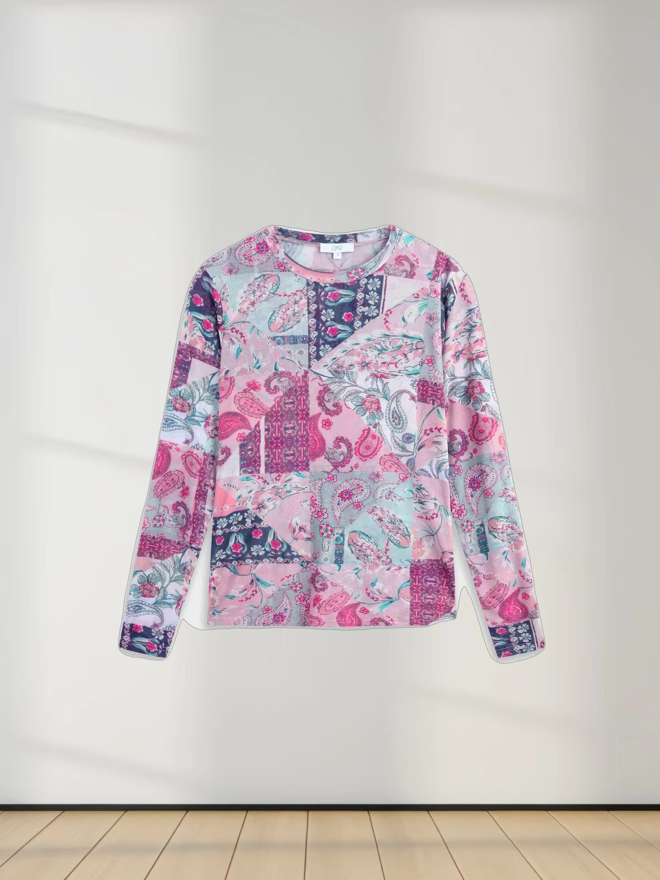 Printed Mesh Crew Neck Top-Vintage Floral