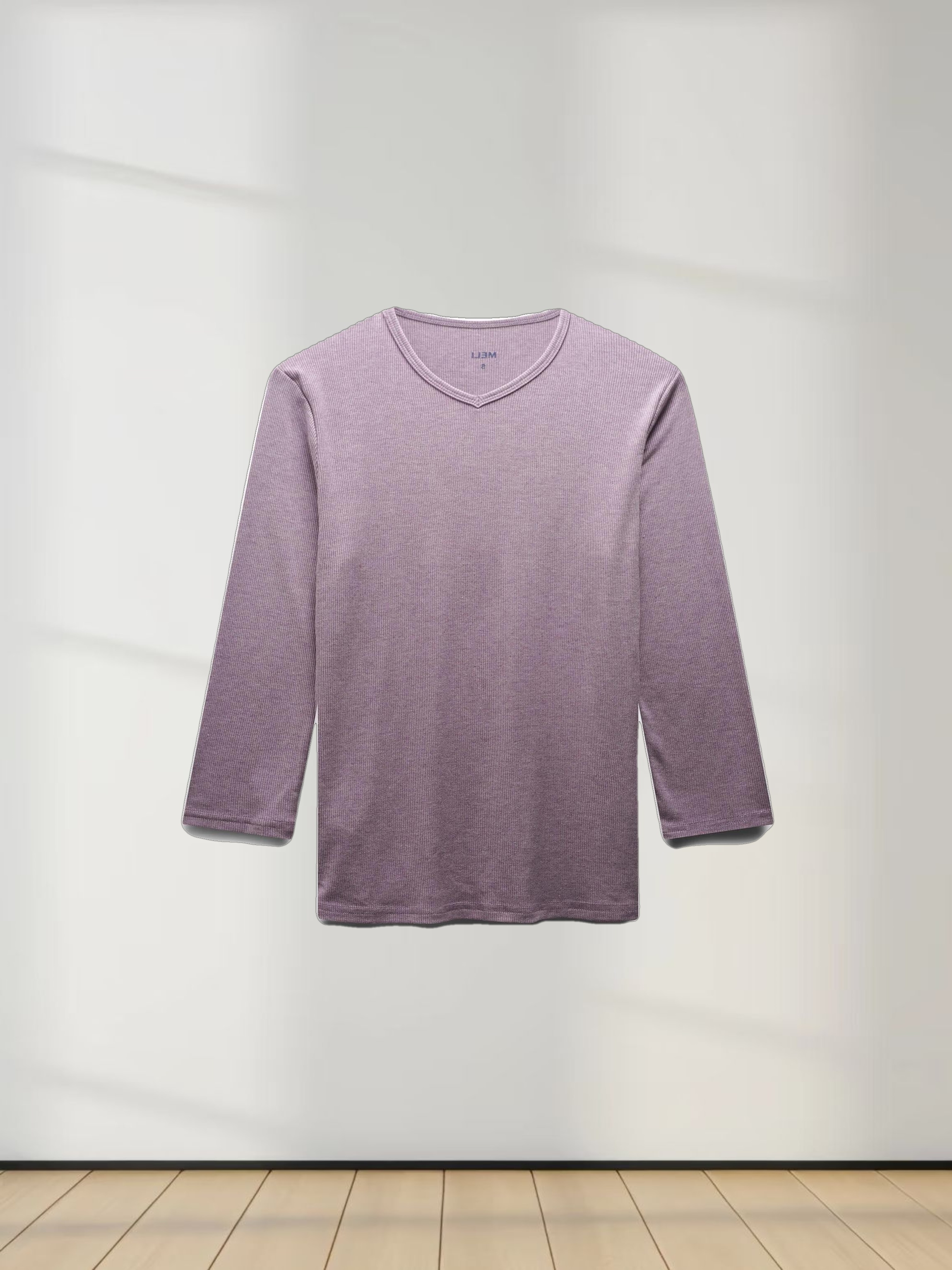 RIBBED HIGH V 3Q-LAVENDER HEATHER