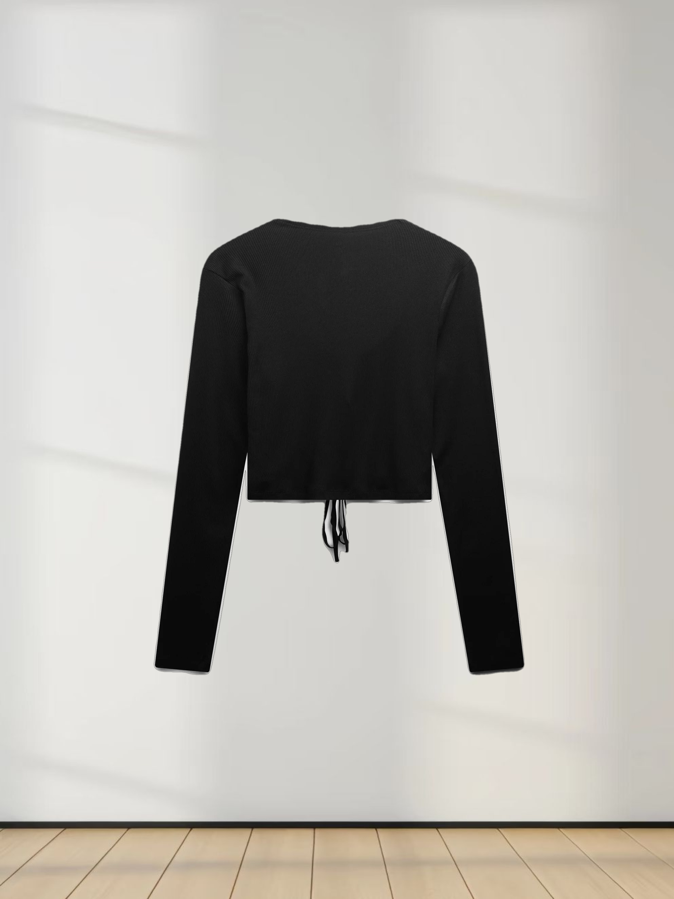 Ribbed Crop Bow Cardigan-Black