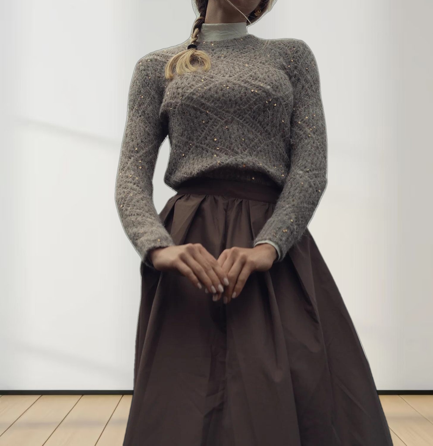 Open Crochet Knit Sequin Sweater-Tan