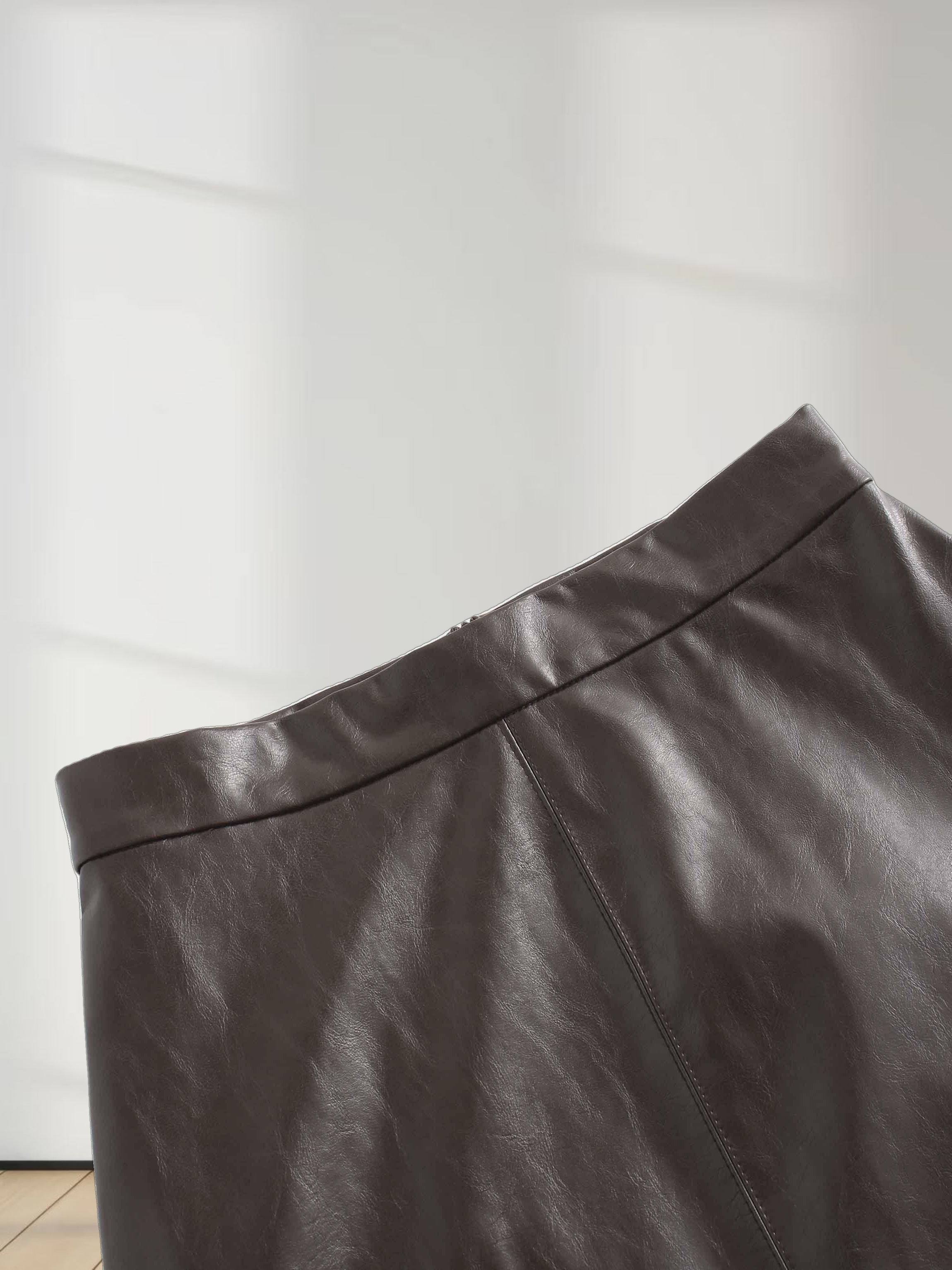 Coated Faux Leather A-Line Skirt-Brown