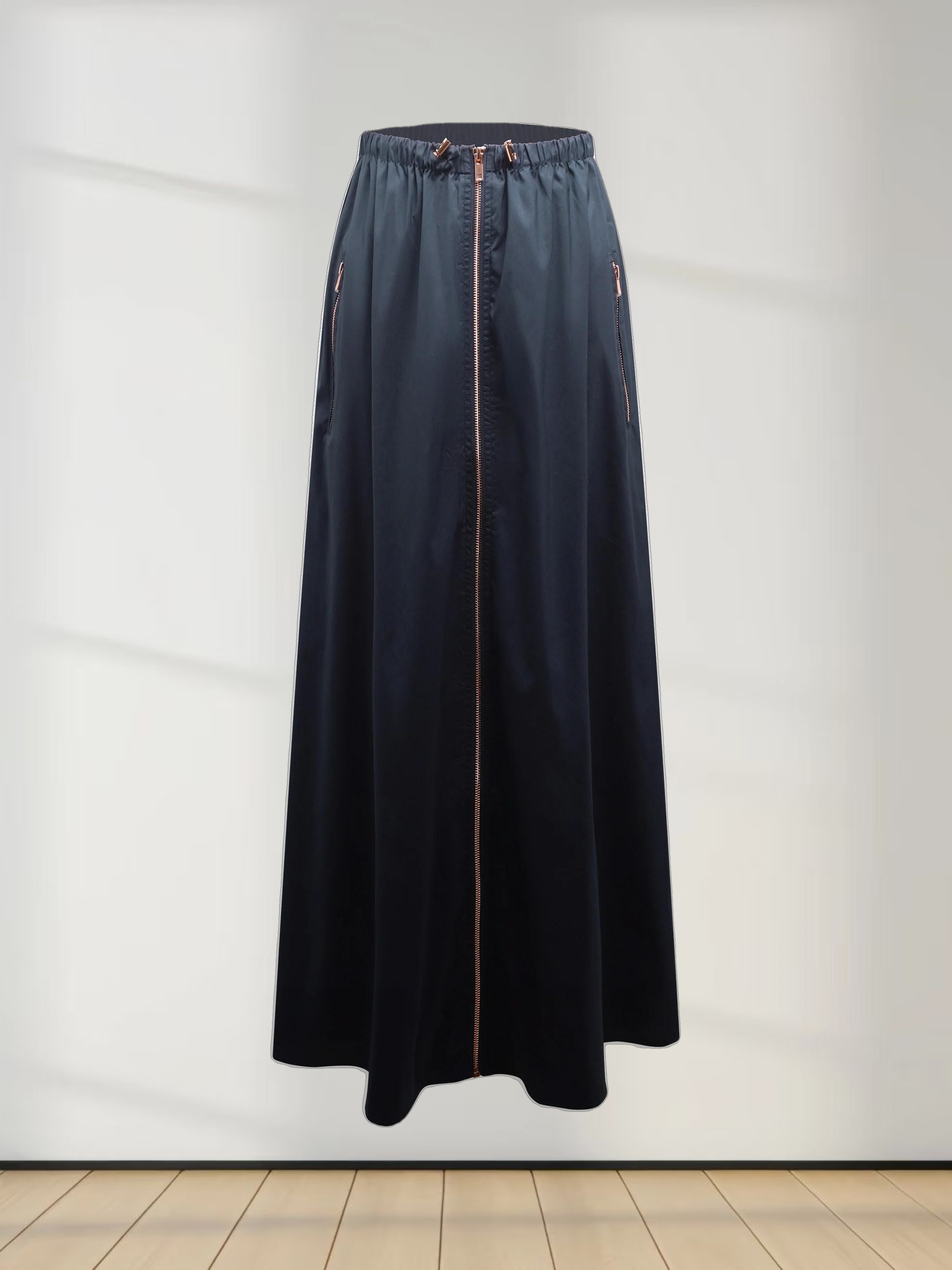 Front Zipper Cotton Circle Skirt-Navy