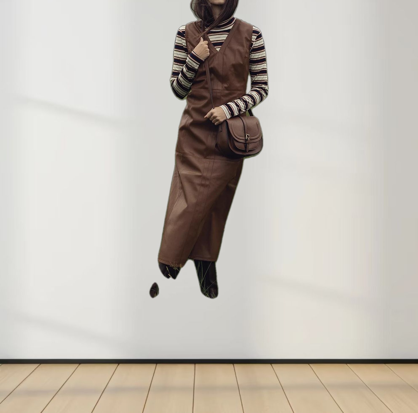 Faux Leather Seamed Jumper-Brown