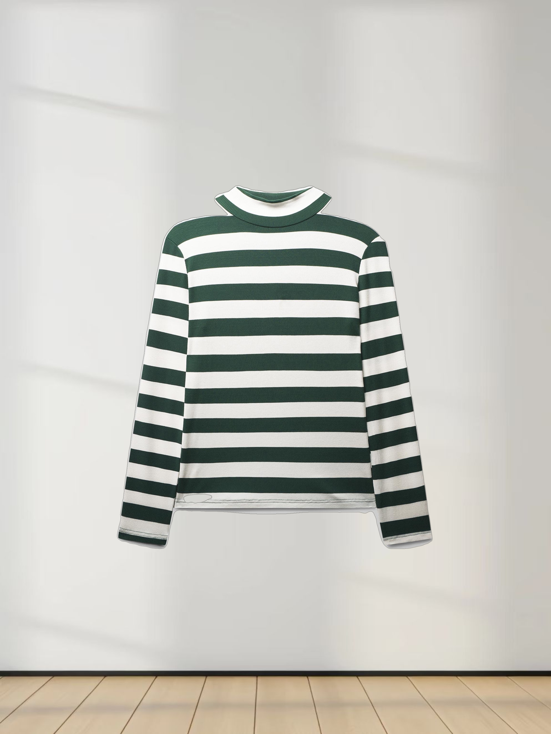 Striped Ribbed Turtleneck-Emerald/Cream