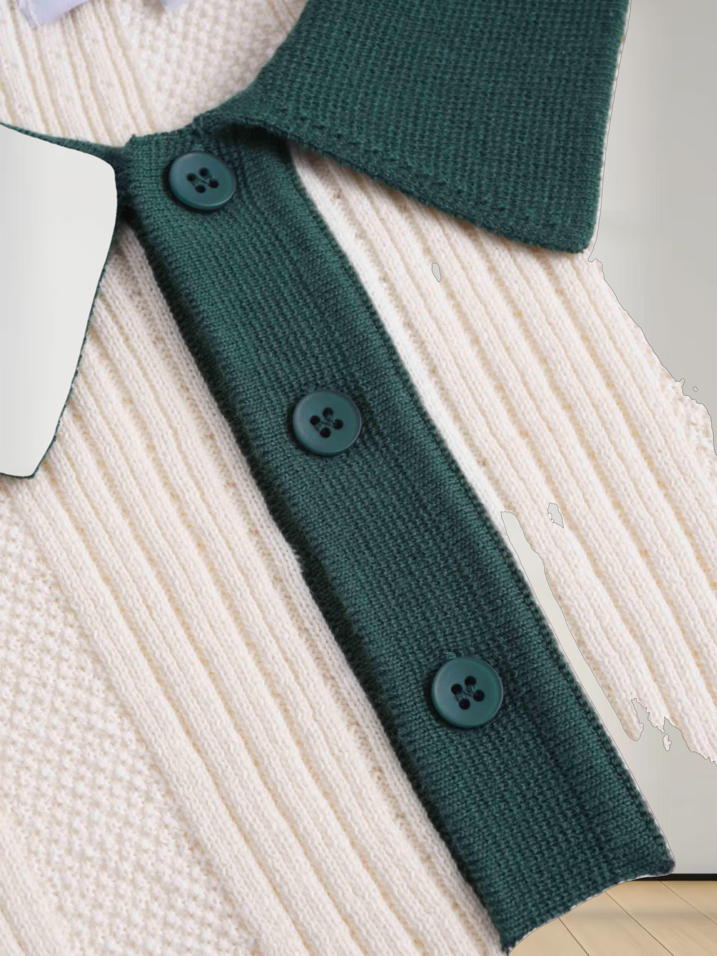 Knit Detail Collar Sweater-Cream/Green