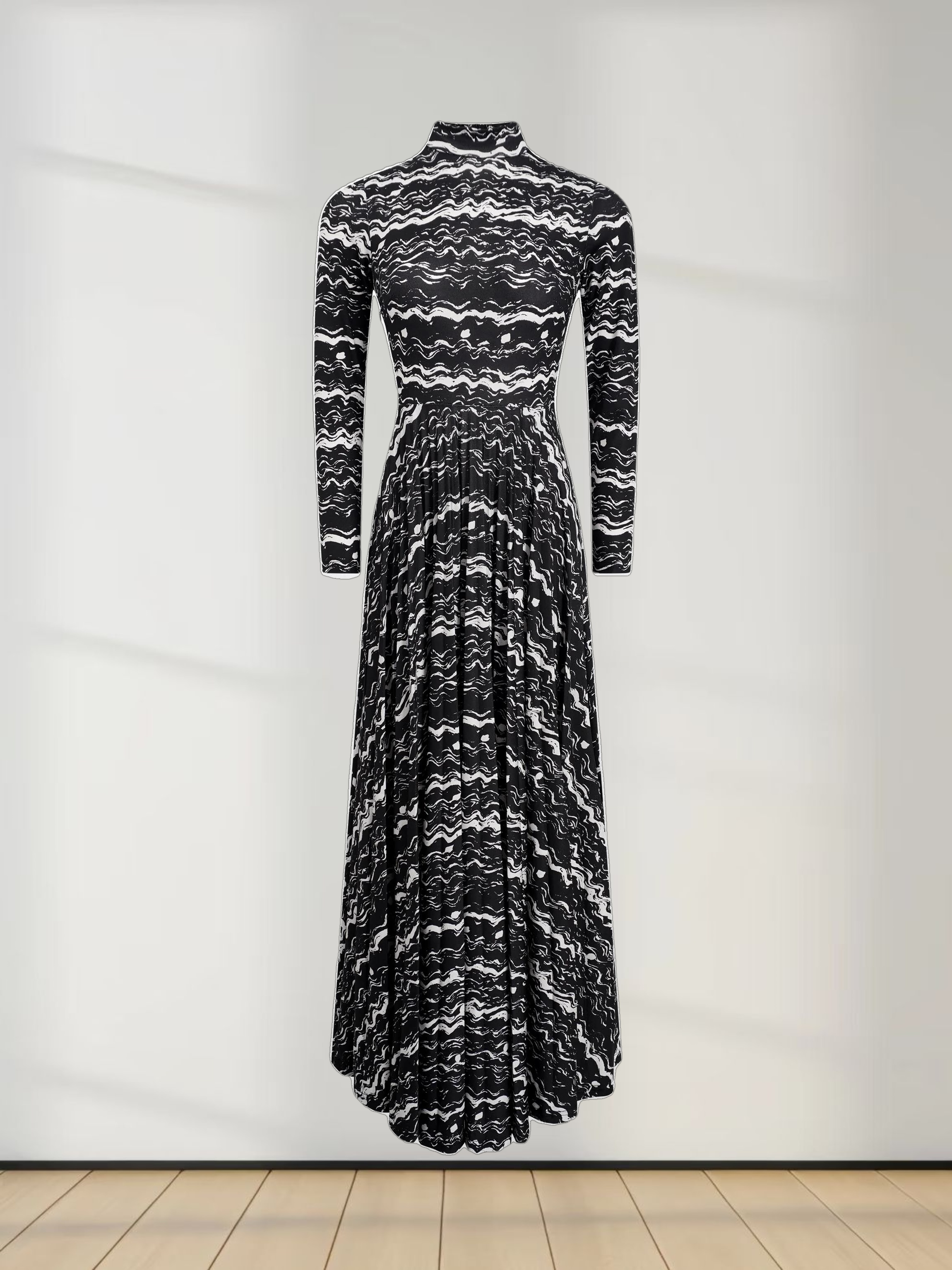 Pleat Bottom Stretch Maxi Dress-Black/White